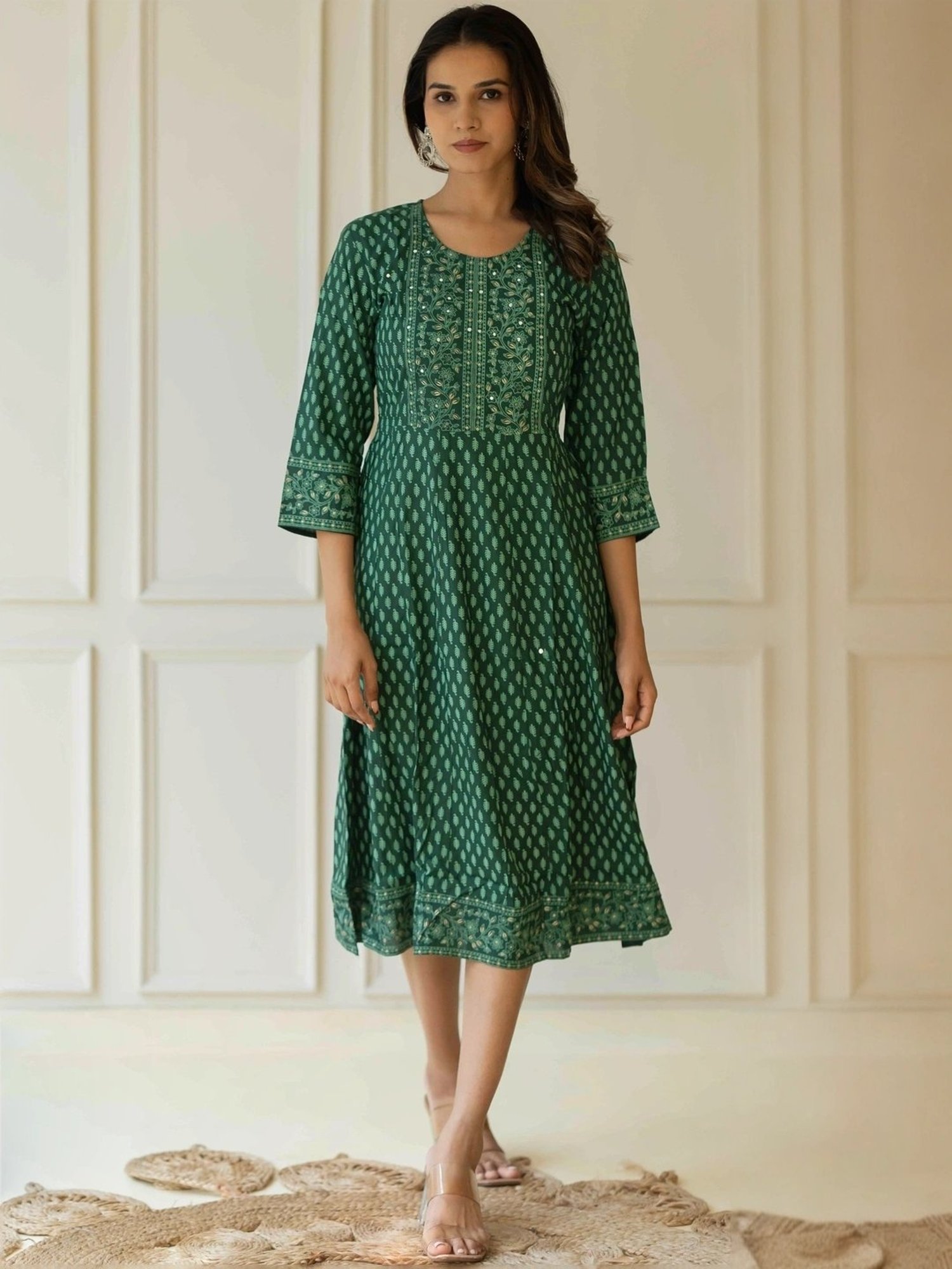 MIRCHI FASHION Green Cotton Printed A-Line Dress