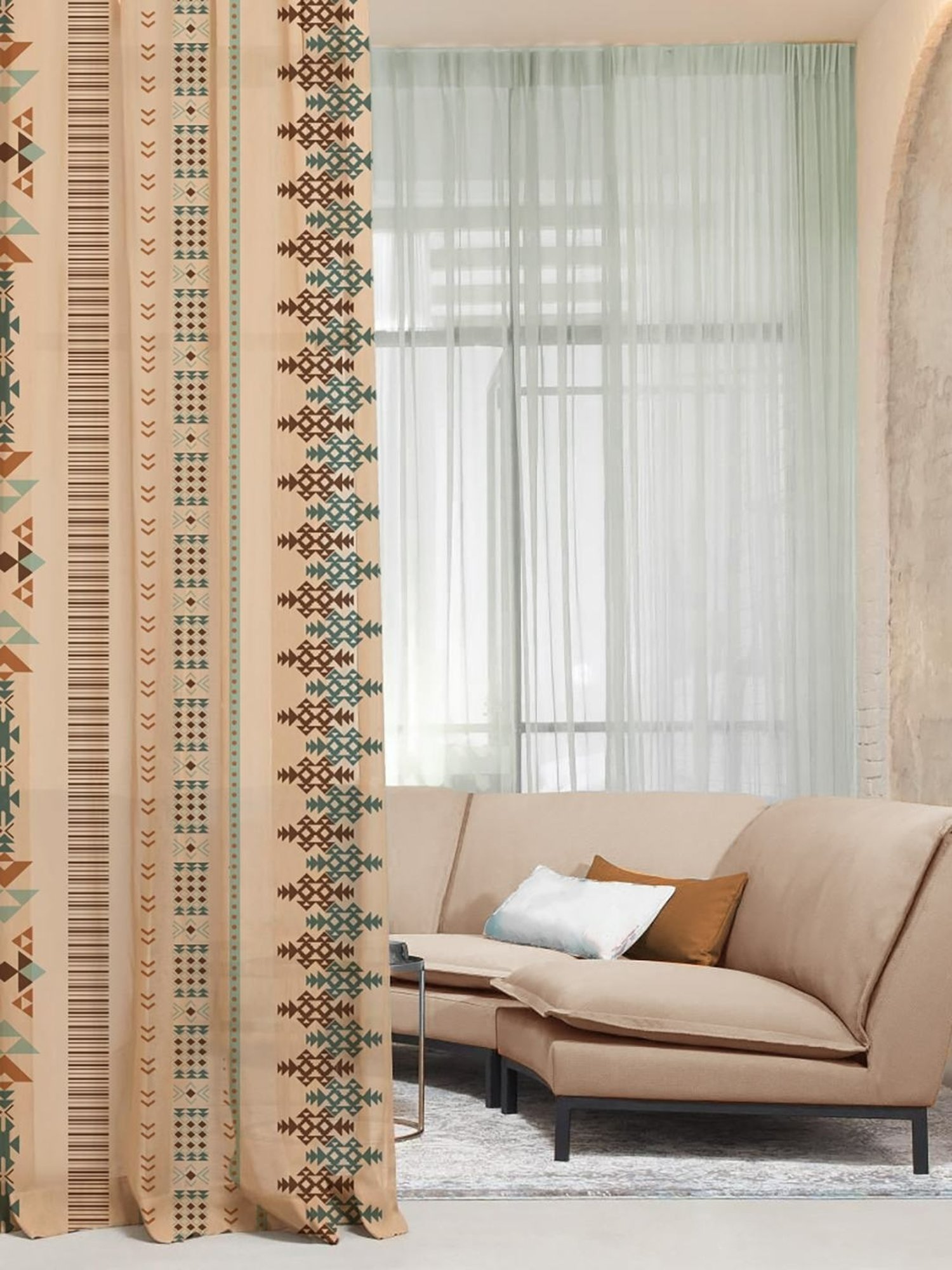 SPACES DRAPE STORY Boho Digital Print Beige & Brown Polyester 5 ft Window Curtains - Set of 2