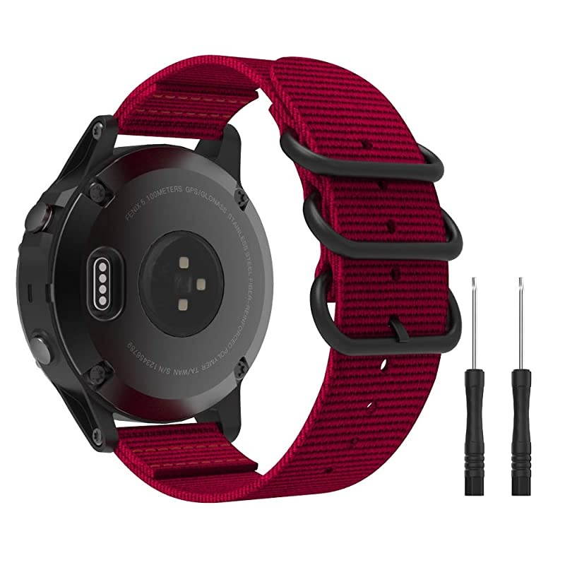 Band Compatible with Garmin Fenix 6/Fenix 6 Pro/Fenix 5/5 Plus/Forerunner 935/945/Quatix 6/Approach S62/S60, Fine Woven Nylon Adjustable Replacement Strap with Metal Buckle - Red