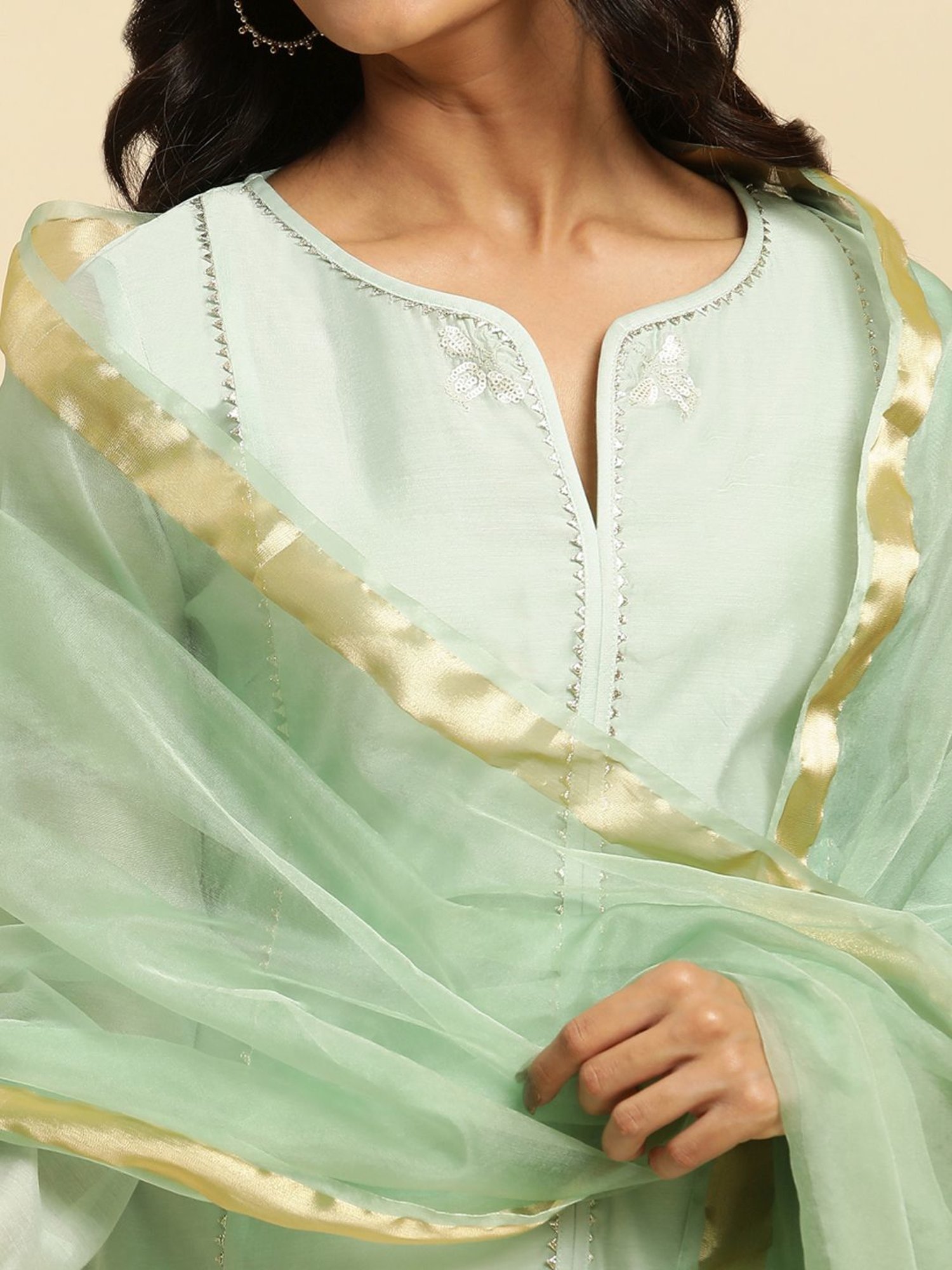 W Green Woven Pattern Dupatta