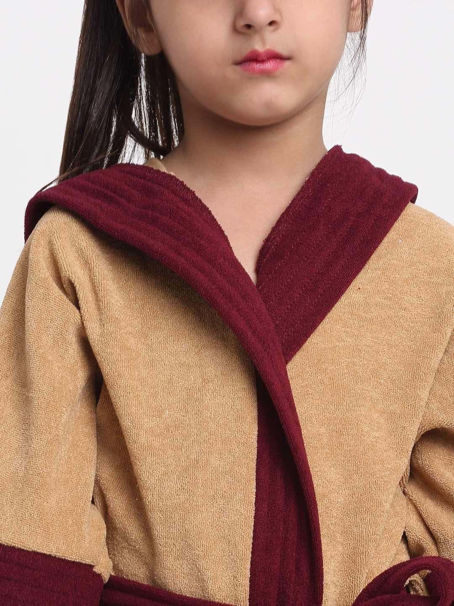 Creeva Melodious Camel & Wine Micro Terry 225 GSM Kids Hooded Bathrobe 14-15 Years With Pocket