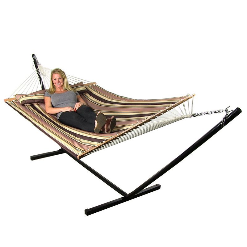 Sorbus Brazilian Double Hammock with Stand - Green, Blue Stripes