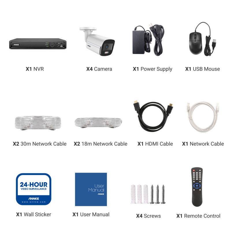 ANNKE 4K Ultra HD PoE NVR System with 4MP Super HD True Full Color Night Vision H.265+ Network PoE Bullet IP Security Cameras for Outdoor Indoor Business Home CCTV Surveillance 4 Cameras - No HDD