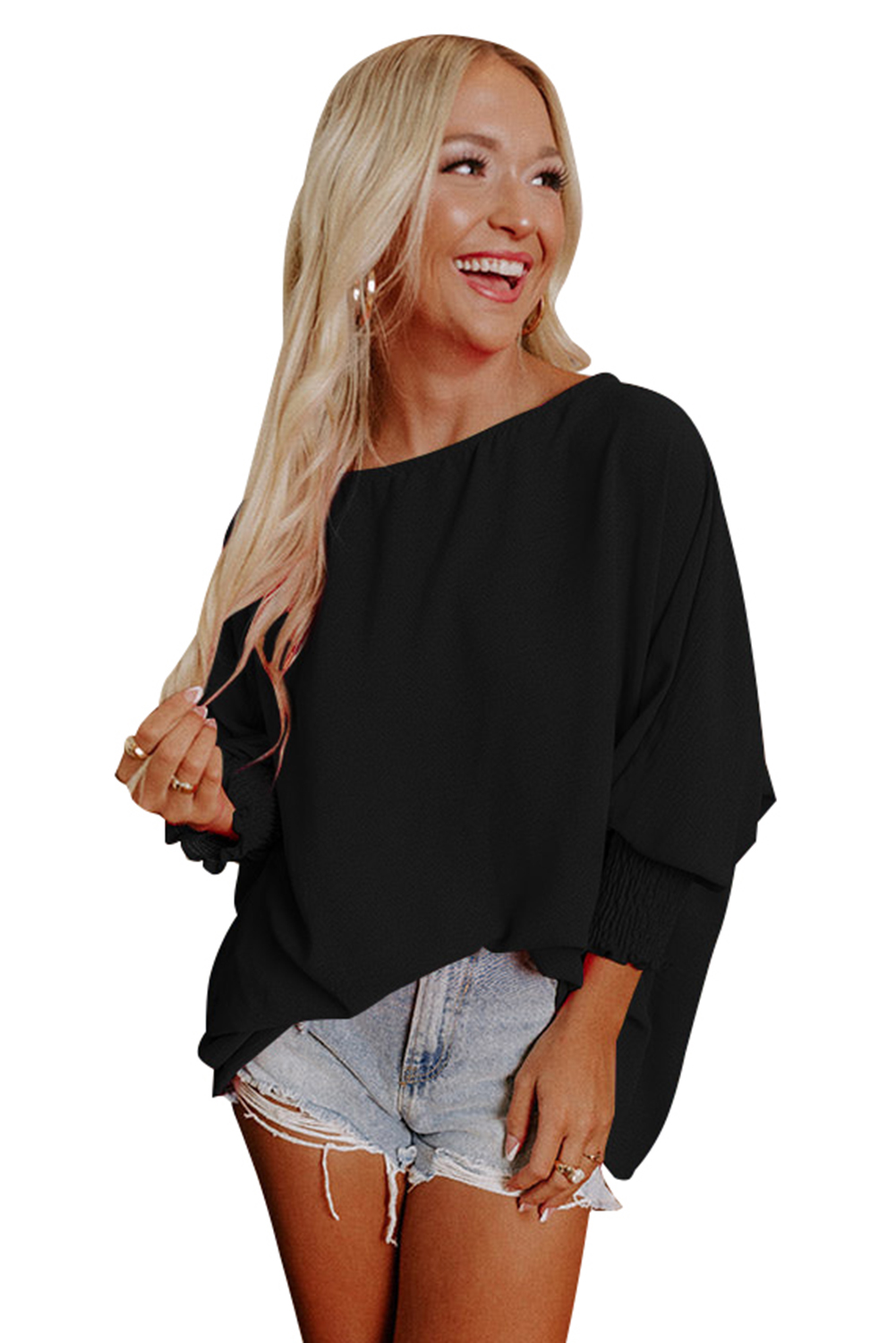 Black Plain Batwing Sleeve Business Casual Blouse
