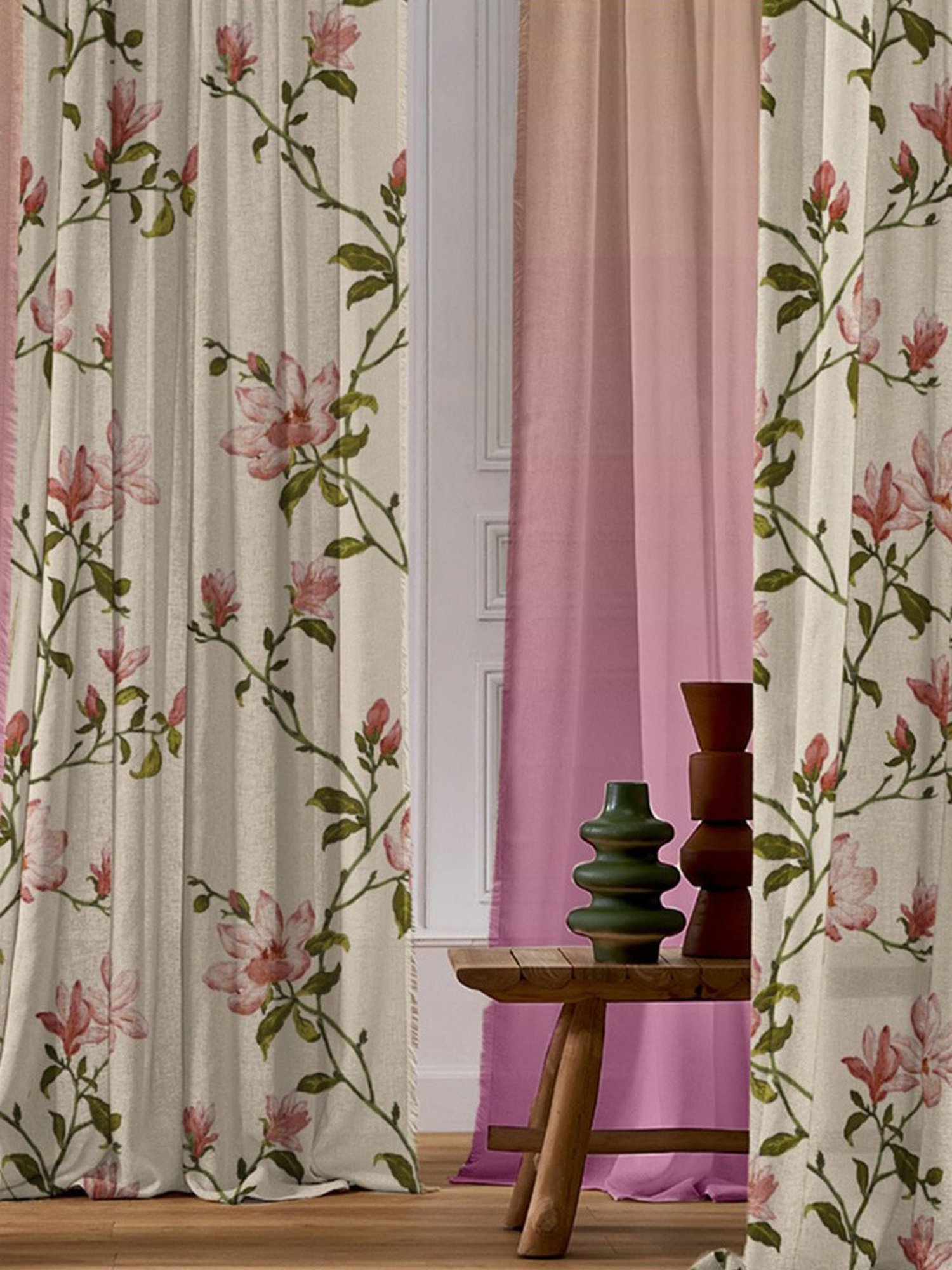 SPACES DRAPE STORY Elegant Printed Pink & Beige Polyester 7 ft Door Curtains - Set of 4