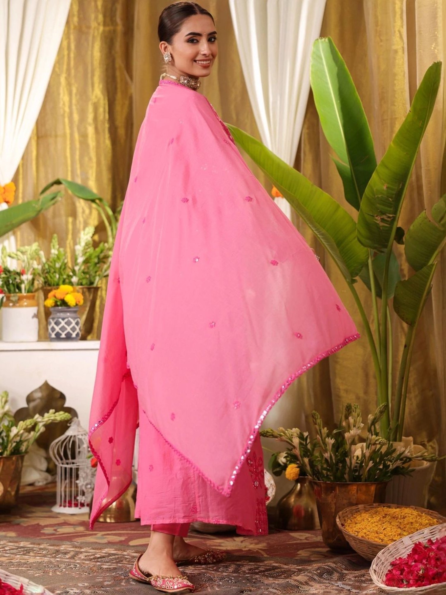 SCAKHI Coral Mulmul Mirror & Sequin Embroidered Anarkali and Pant With Dupatta