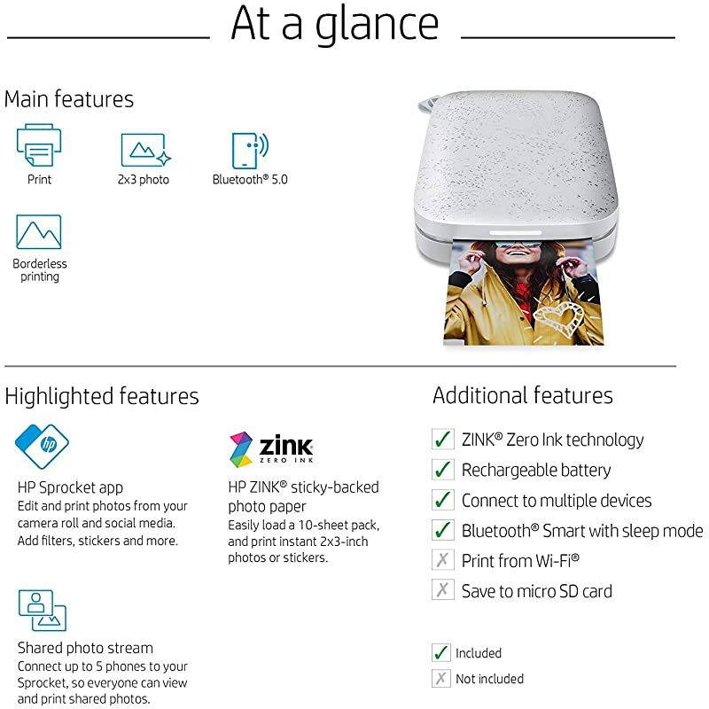 Sprocket Photo Printer, (2nd Edition) Print Social Media Photos on 2x3 Sticky-Backed Paper (White) + Photo Paper (50 Sheets) + USB Cable + 60 Decorative Stick-On Border Frames