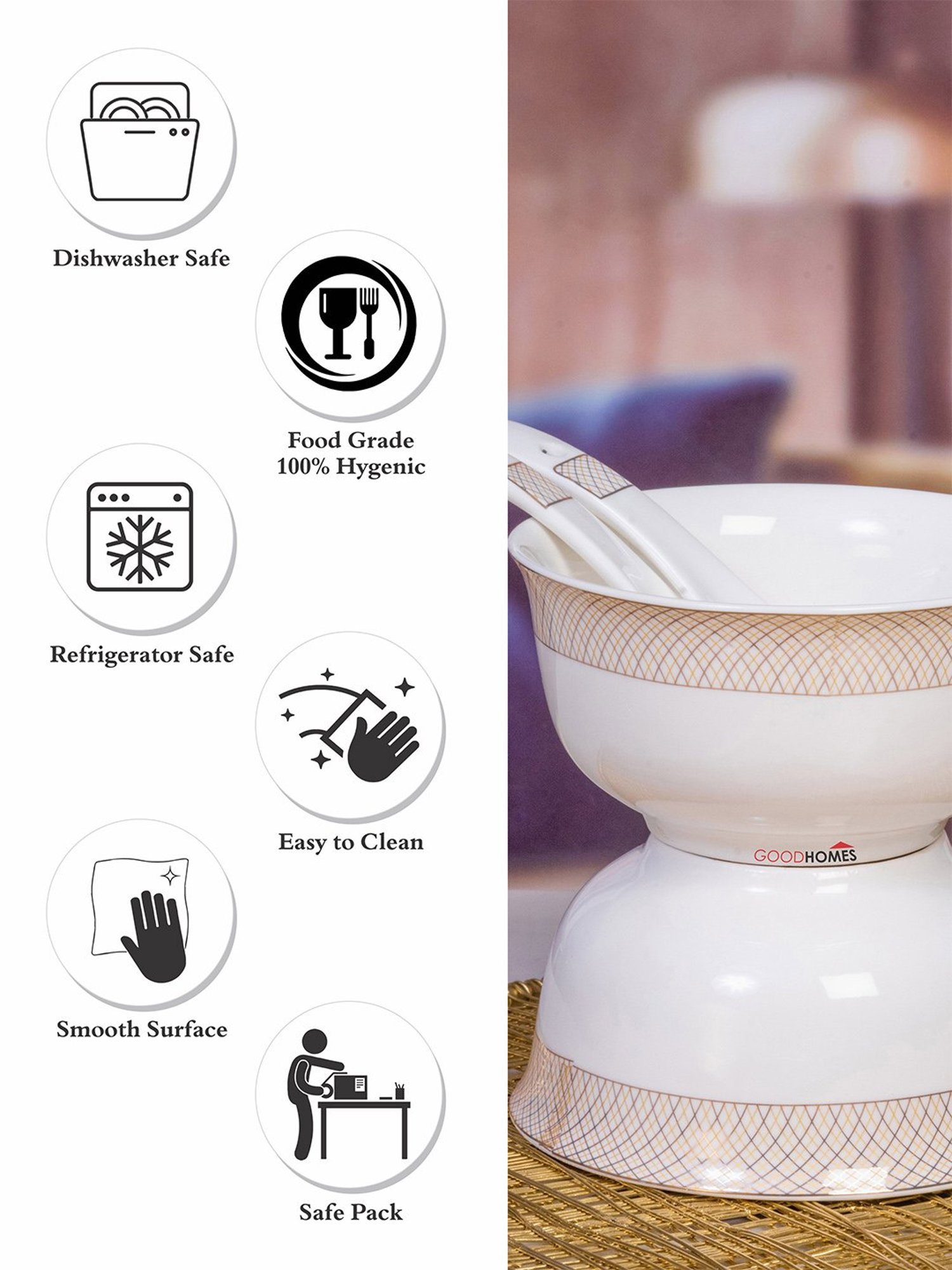 Goodhomes White Porcelain Soup Bowl with Spoon - Set of 6 (280ml)