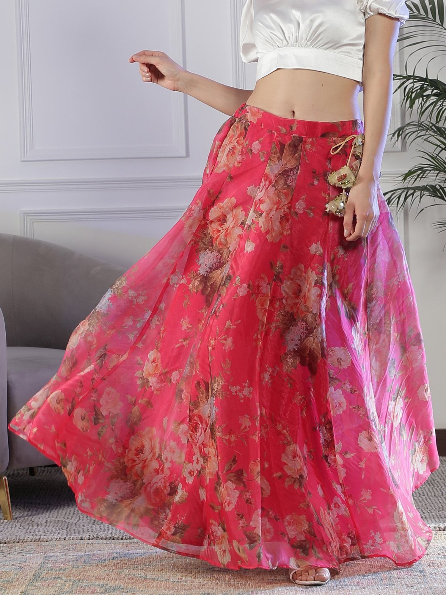 NEUDIS Magenta Floral Print Maxi Lehenga Skirt