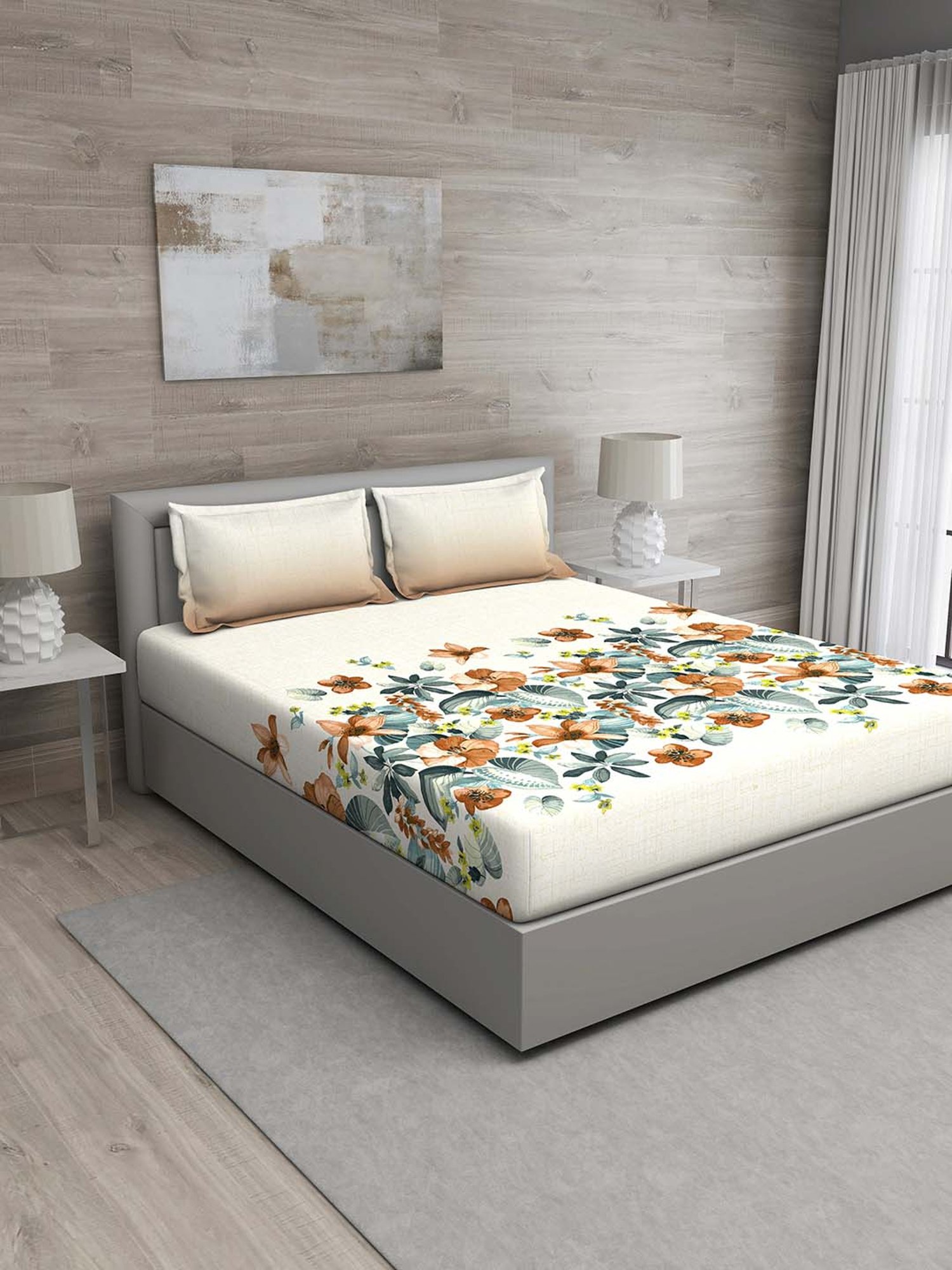 GM Off-White & Brown 100% Cotton 144 TC Queen Bedsheet Set