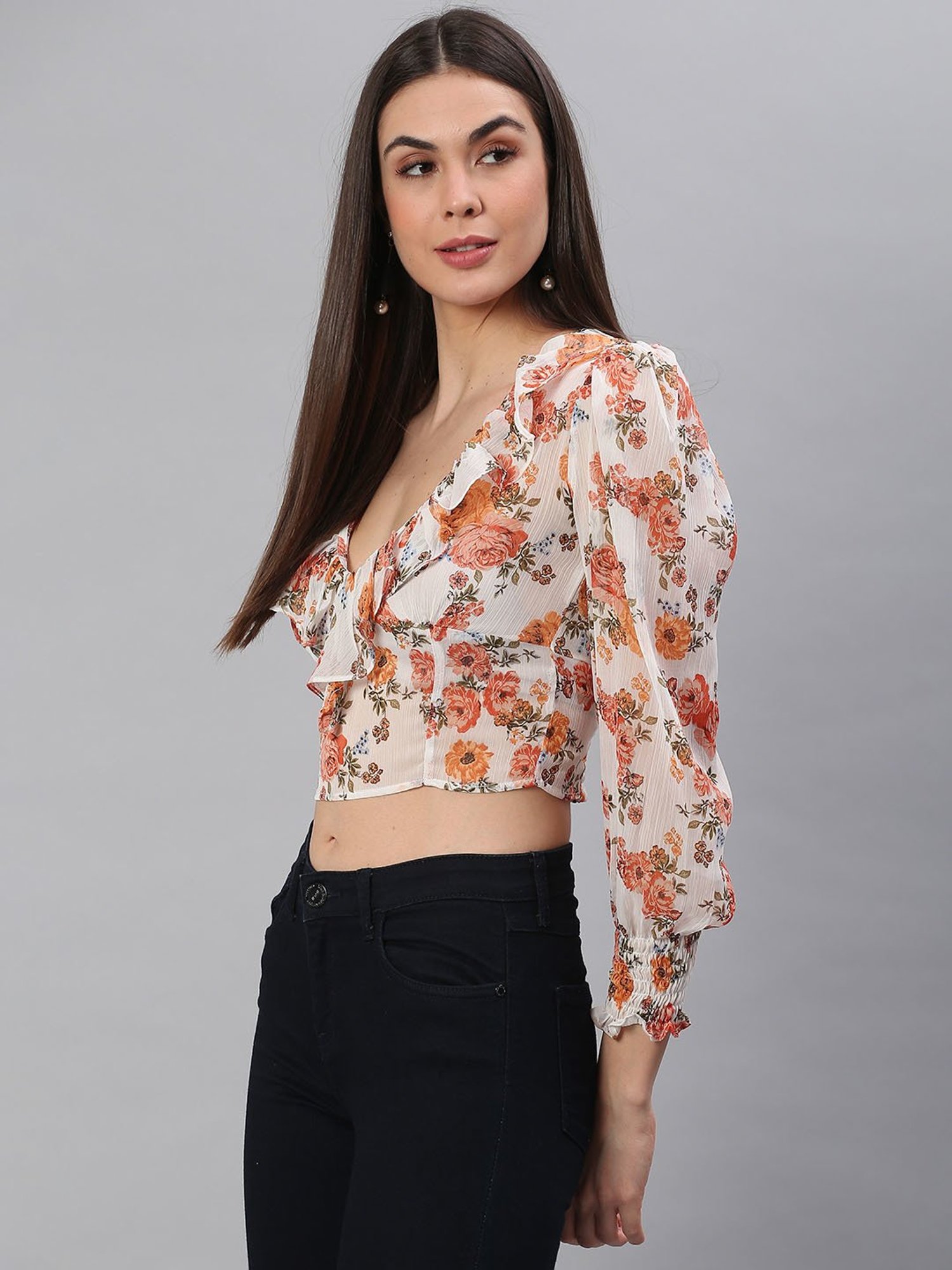 Cation Off White Printed Crop Top