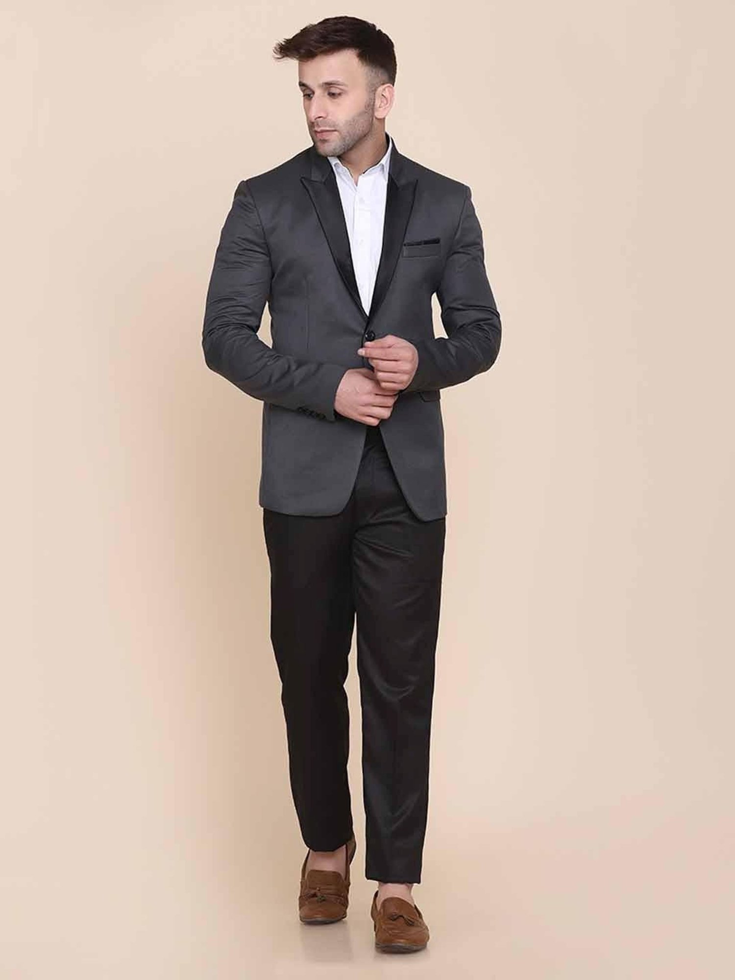 TAHVO Grey Cotton Slim Fit Blazer