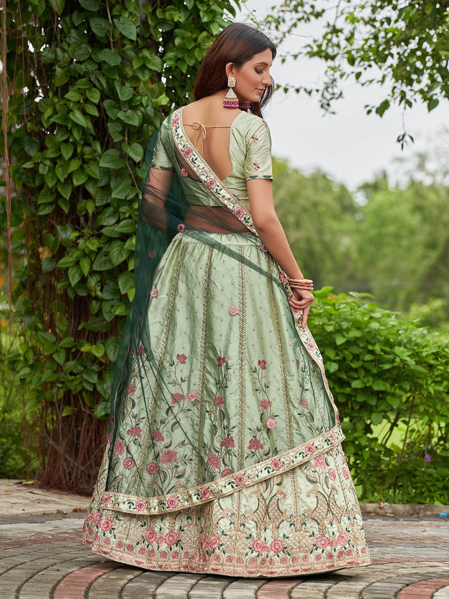 Warthy Ent Pista Green Floral Print Lehenga Choli Set With Dupatta