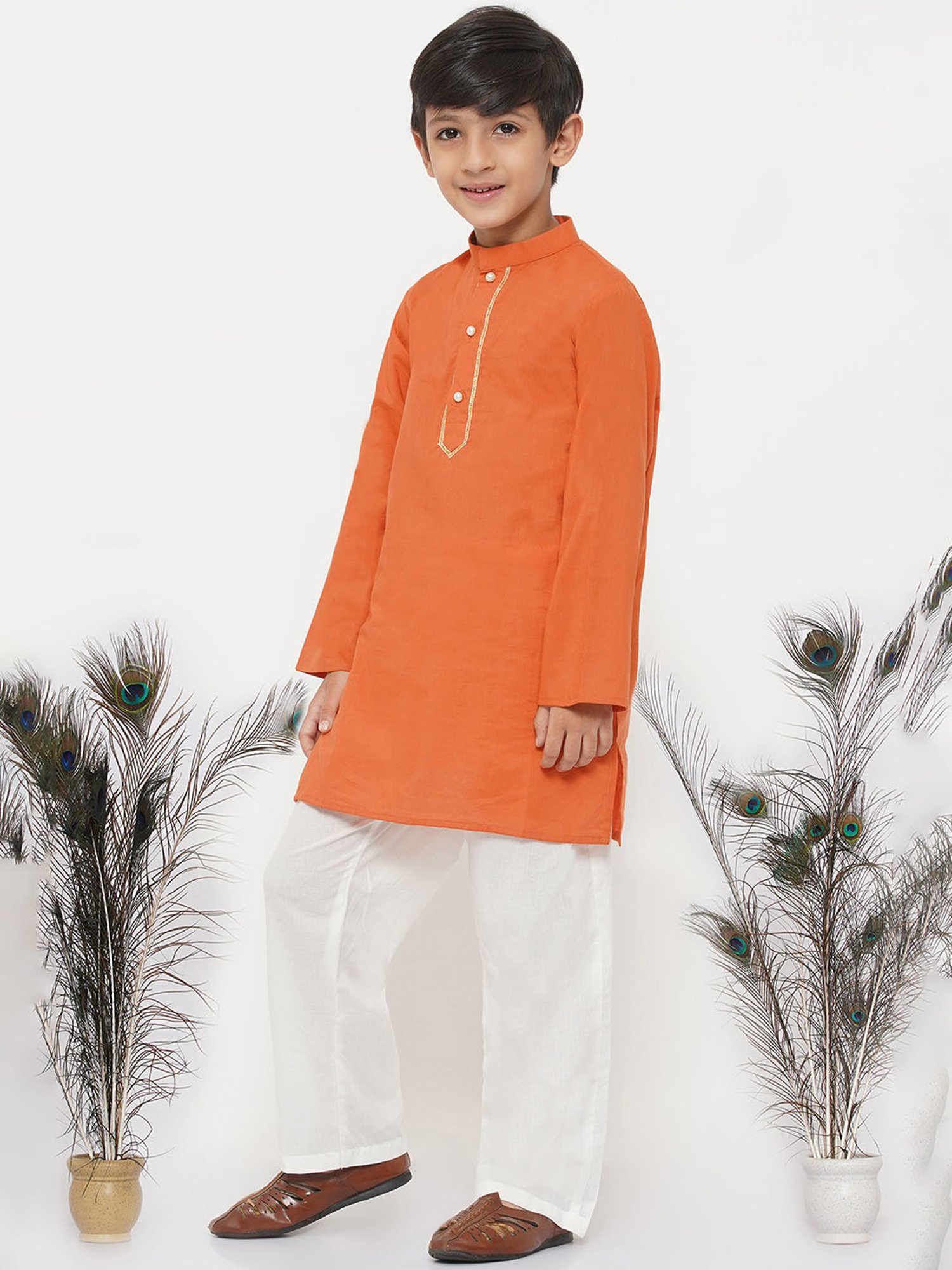 Little Bansi Orange & White Solid 1 Kurta + 1 Pyjamas