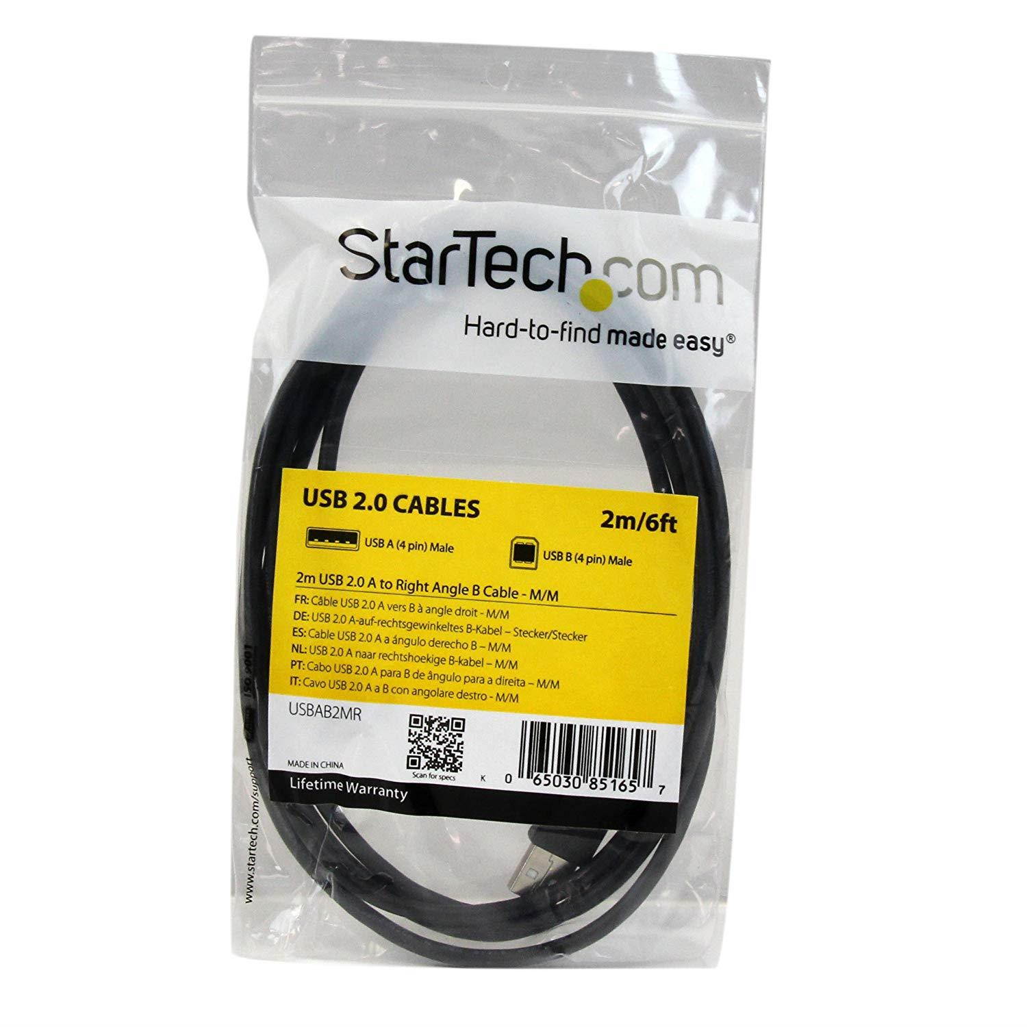 StarTech.com 2m USB 2.0 A to Right Angle B Cable Cord - 2 m USB Printer Cable - Right Angle USB B Cable - 1x USB A (M), 1x USB B (M)