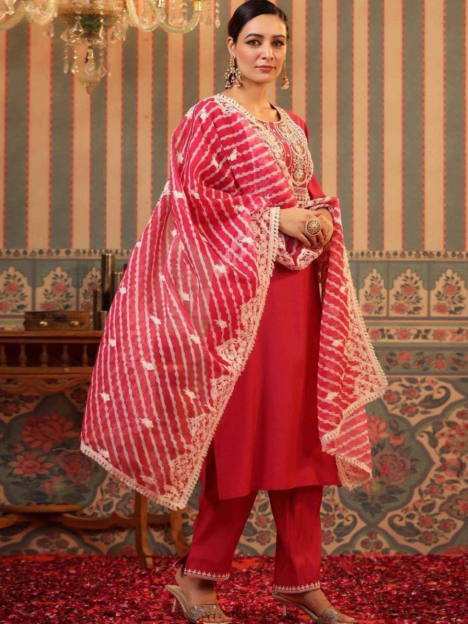 SCAKHI Pink Modal Embroidered Kurta and Pant With Organza Leheriya Dupatta