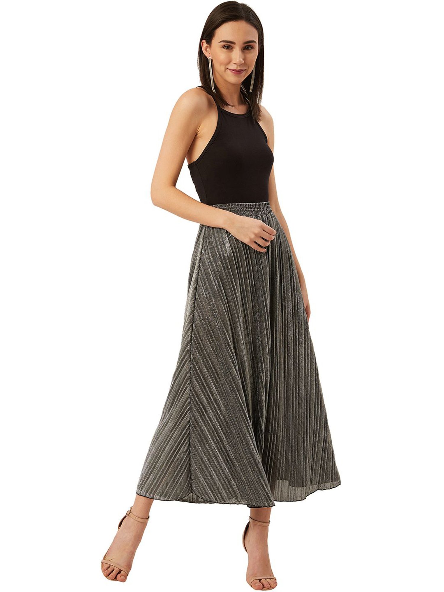 Anvi Be Yourself Silver Striped A-Line Skirt
