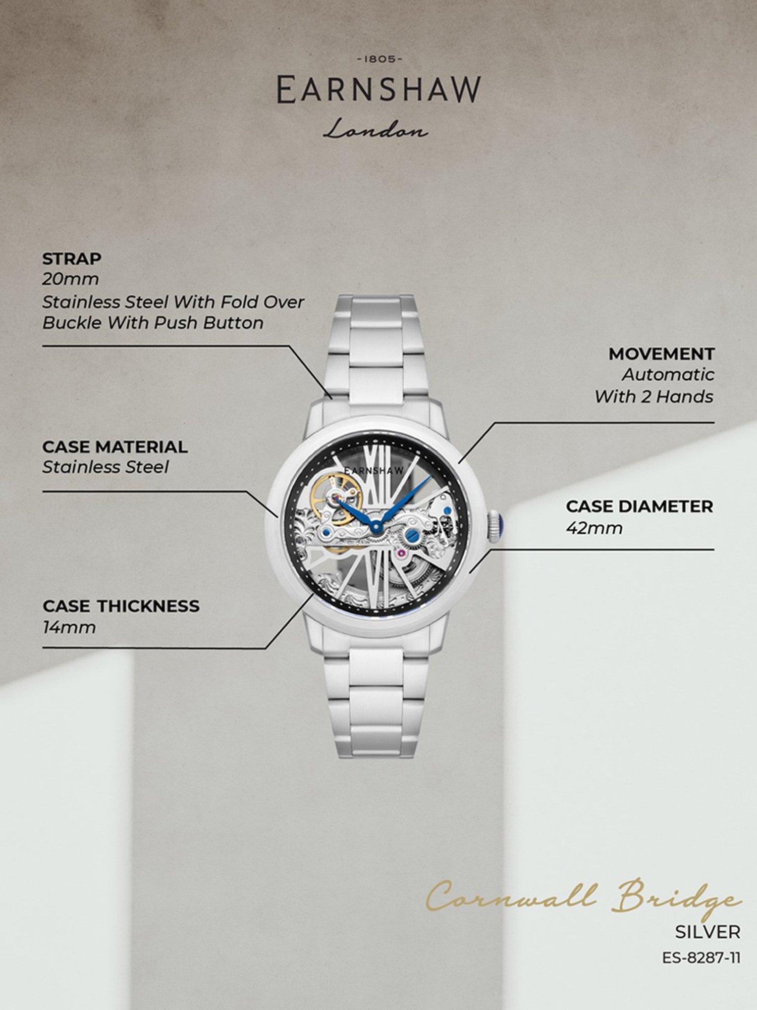 EARNSHAW ES-8287-11 Cornwall Bridge Automatic Analog Watch for Men