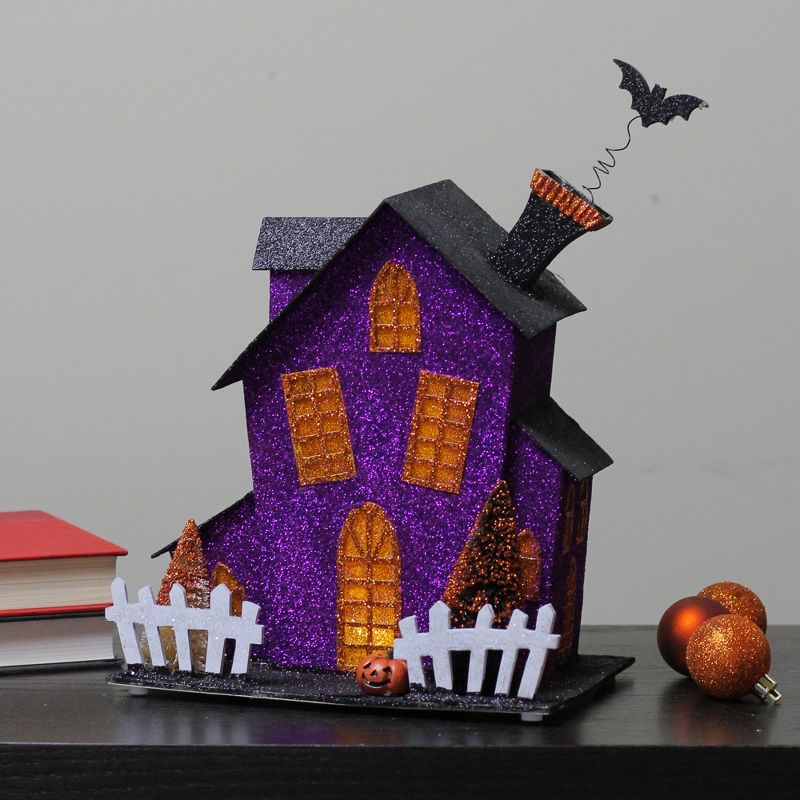 Ganz 11" Prelit Glittered Haunted Fun House Halloween Decoration - Black/Purple