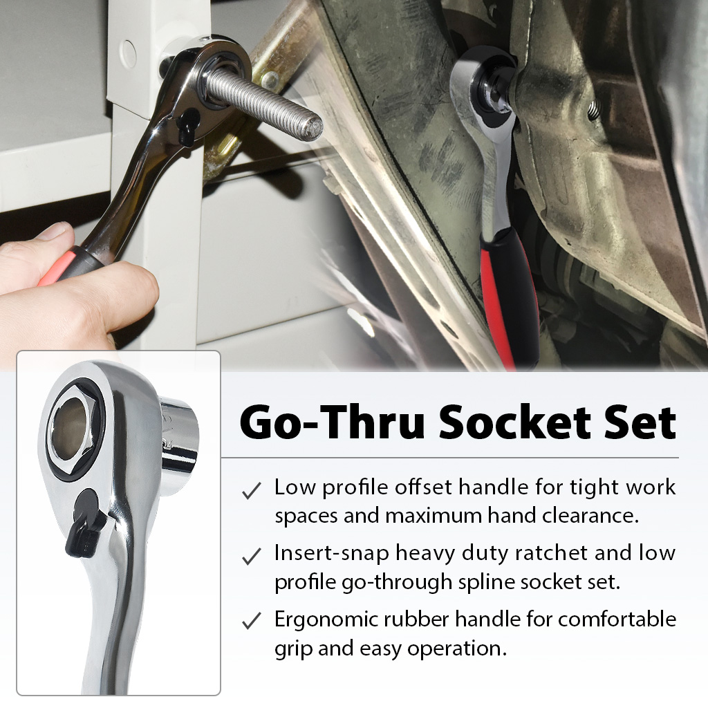 FIRSTINFO Low Profile Go-Through Socket Wrench 52 Pcs Set, 1/4" 3/8" 1/2" Wrench, Spline Sockets For Damaged Fasteners