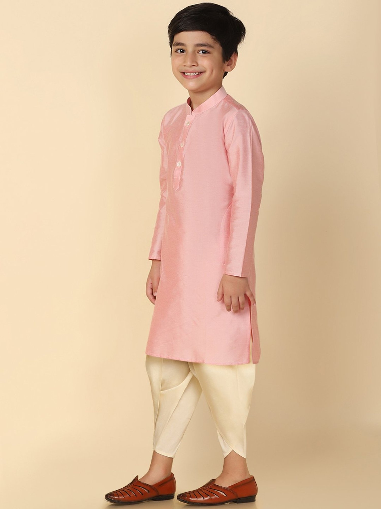 KISAH Kids Pink & Cream Solid Full Sleeves Kurta with Dhoti