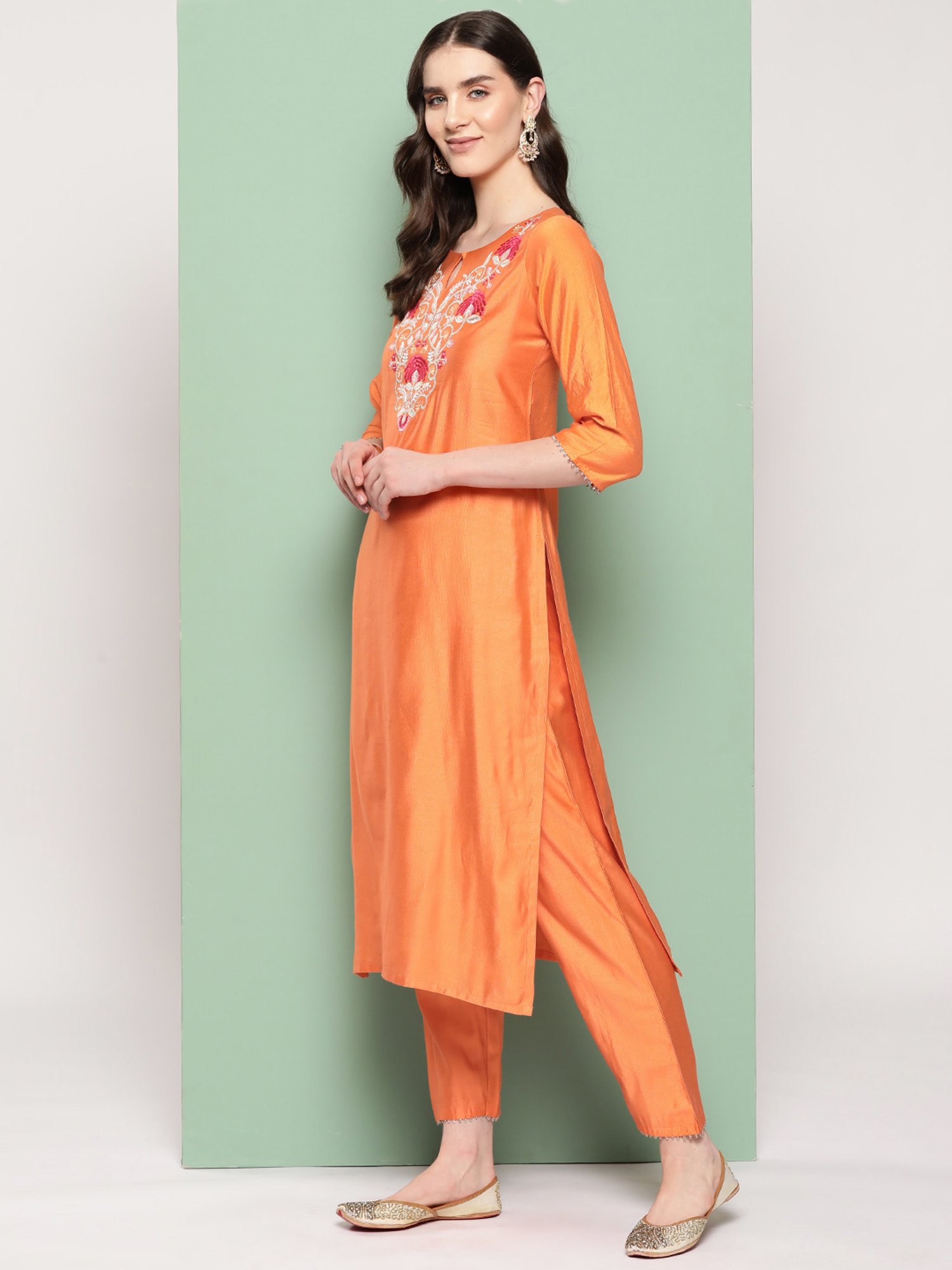 Indo Era Orange Embroidered Kurta With Pant & Dupatta