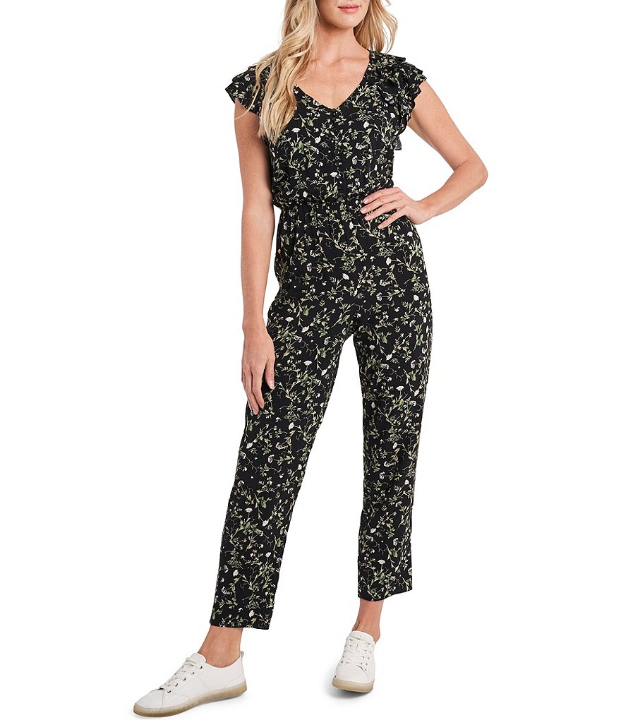 CeCe Cap Sleeve V-Neck Floral Print Ankle Length Jumpsuit