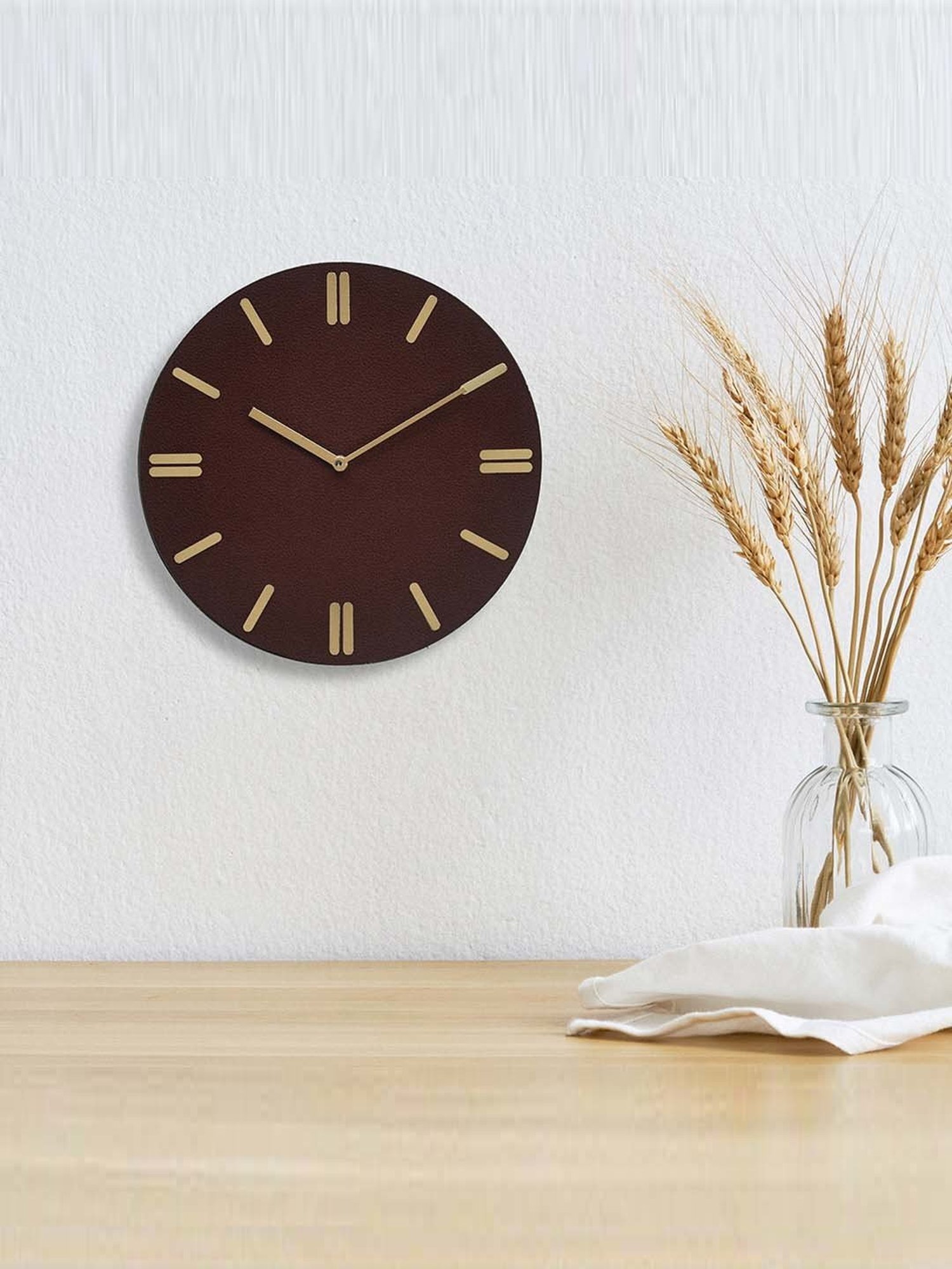 @home Brown Leather Round Analog Wall Clock