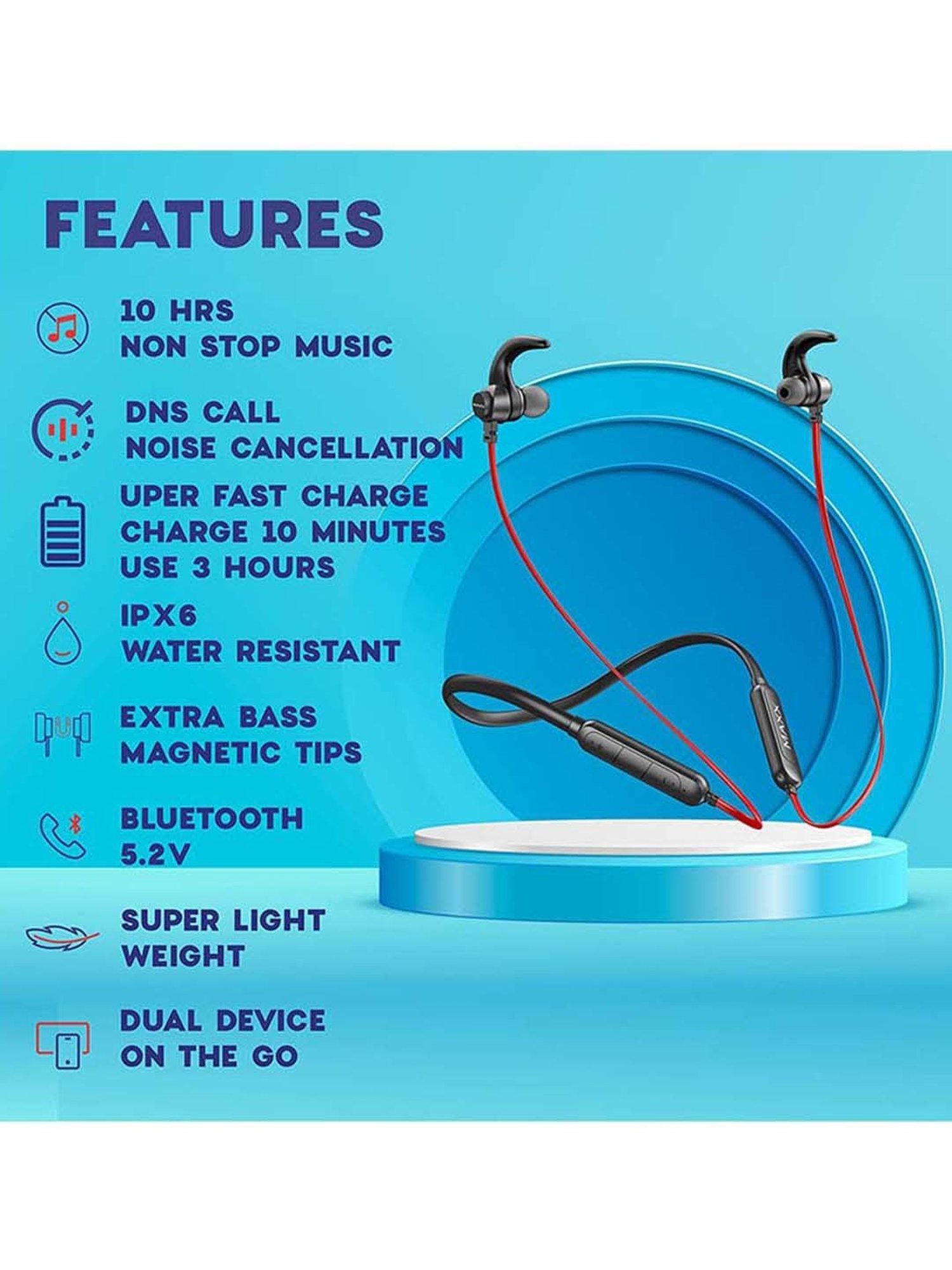 Maxx NX10 Wireless Neckband with Rapid Charge (Black/Red)