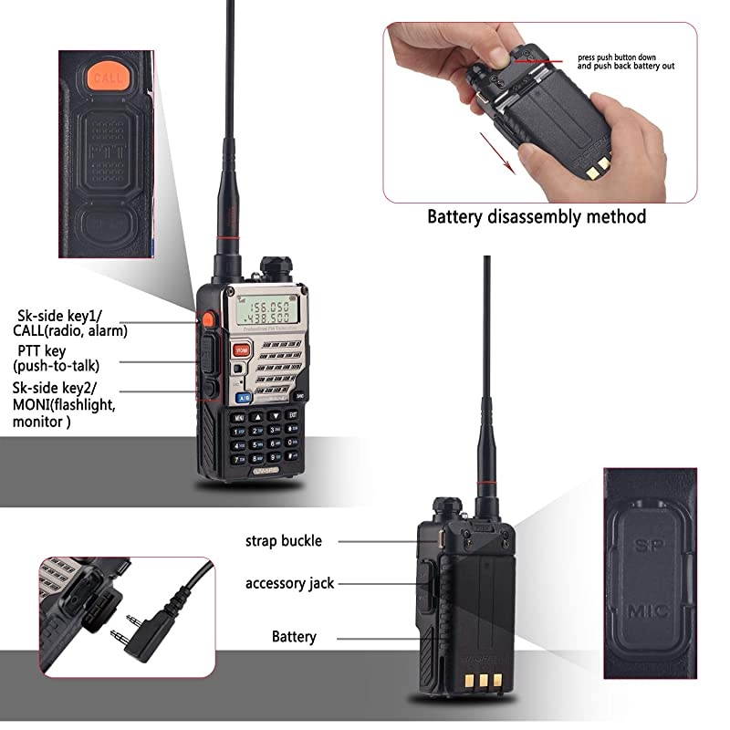 UV5RE+ 8Watt Ham Radio Handheld Rechargeable with Gamtaai NA771 Telescopic Antenna+Acoustic Tube Earpiece+2800mAh Large BatteryVHFUHF Two Way Radio Long Range Walkie Talkies Black