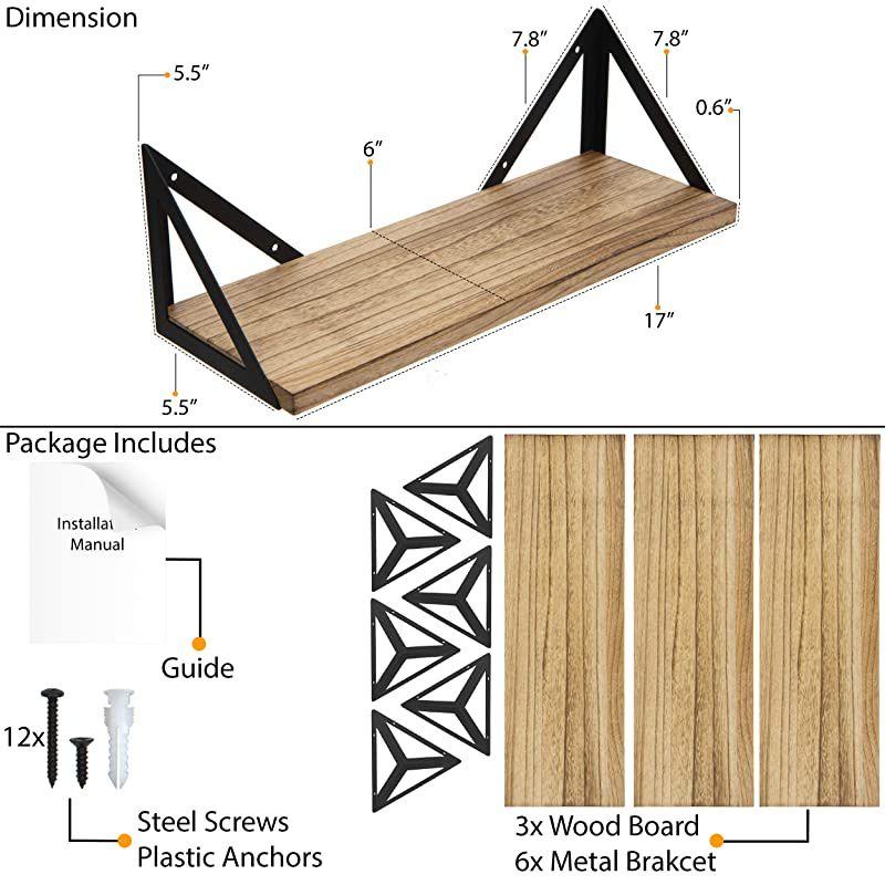 Minori Floating Shelves Set of 3 Small Bookshelf Unit for Living Room Office and Bedroom Natural Burned Rustic Wood Wall Decor with Metal Floating Shelf Bracket