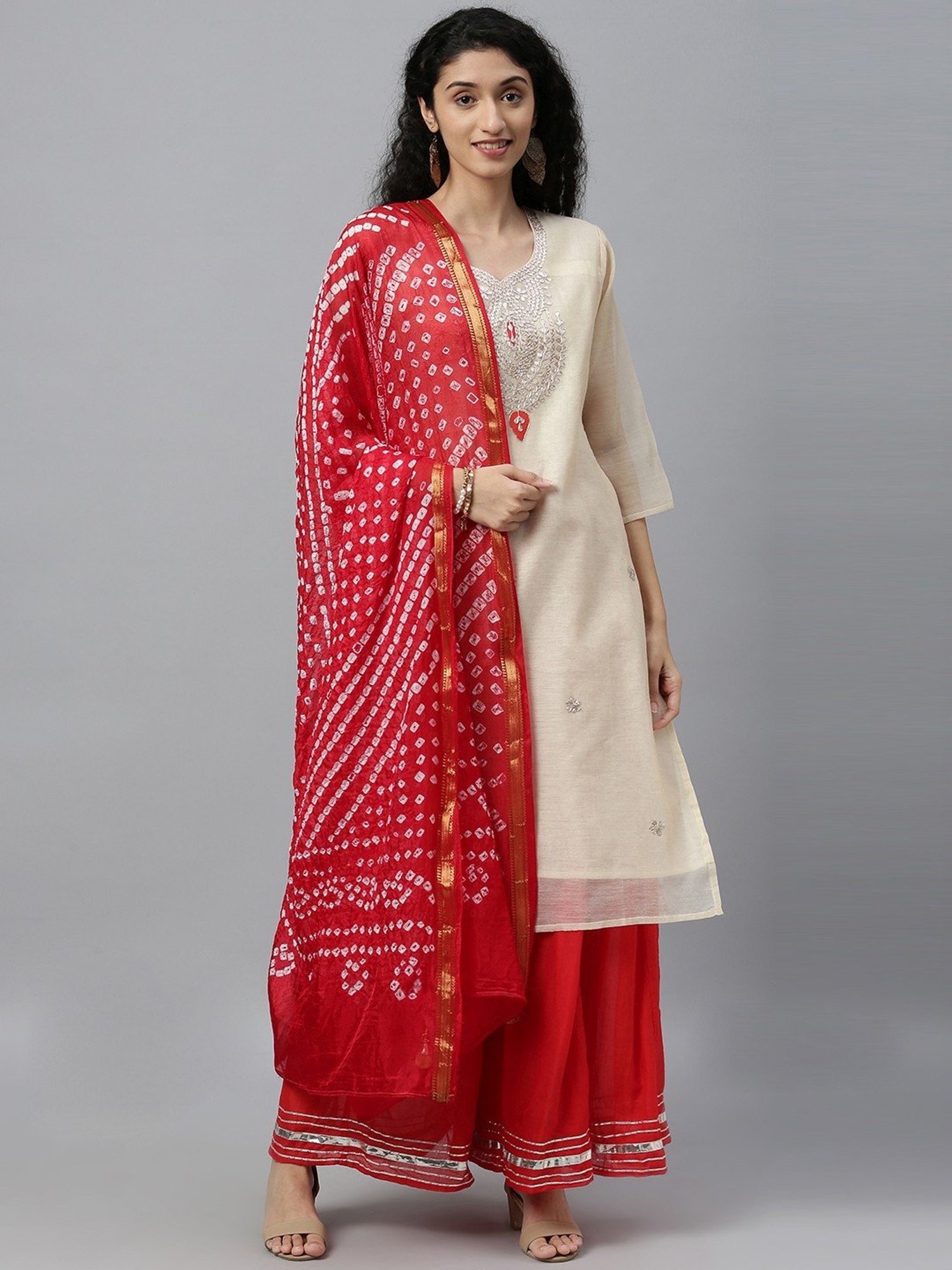 Geroo Jaipur Beige & Red Embroidered Kurta Palazzo Set With Dupatta