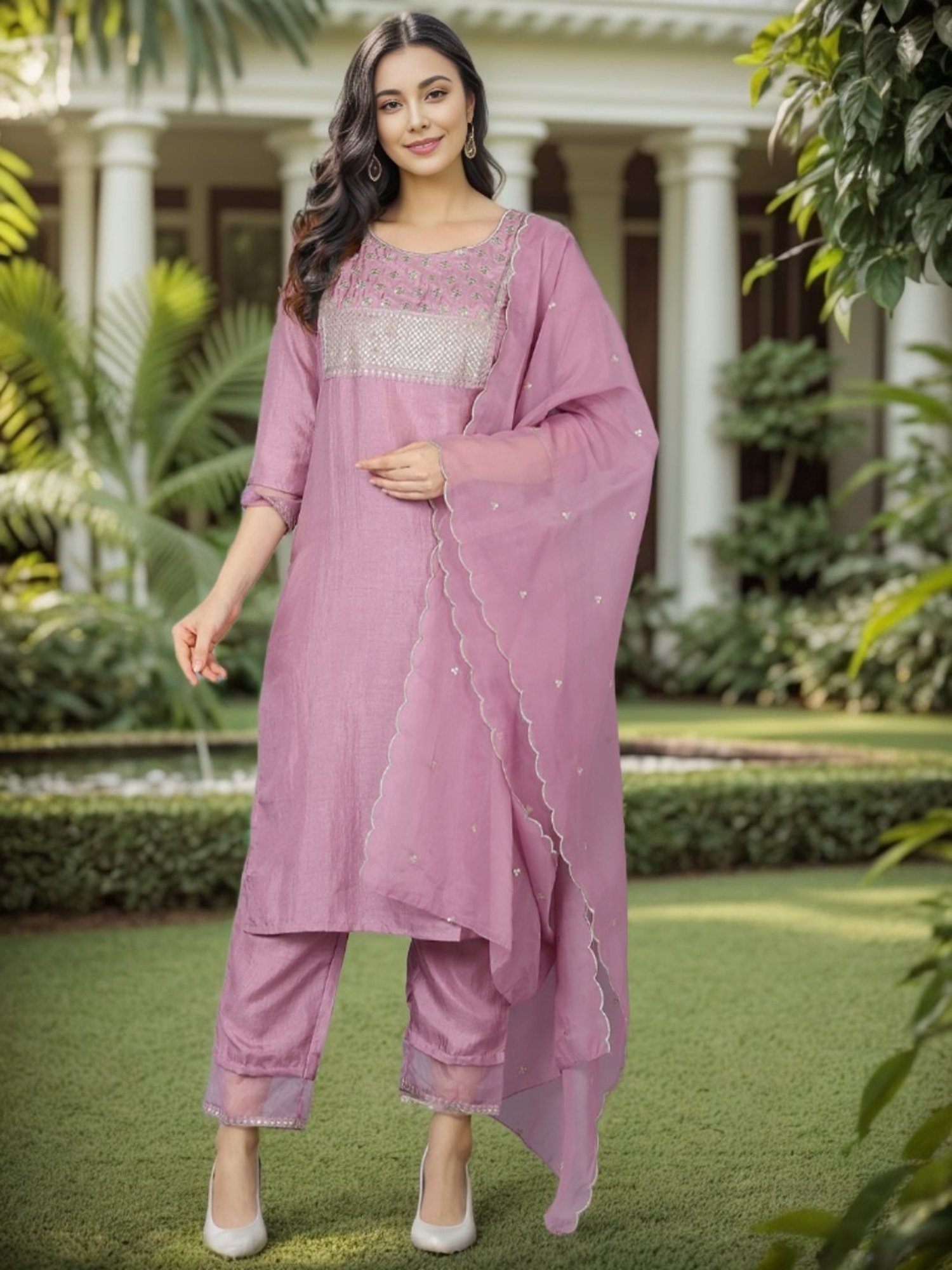Vaamsi Purple Embellished Kurta Pant Set With Dupatta