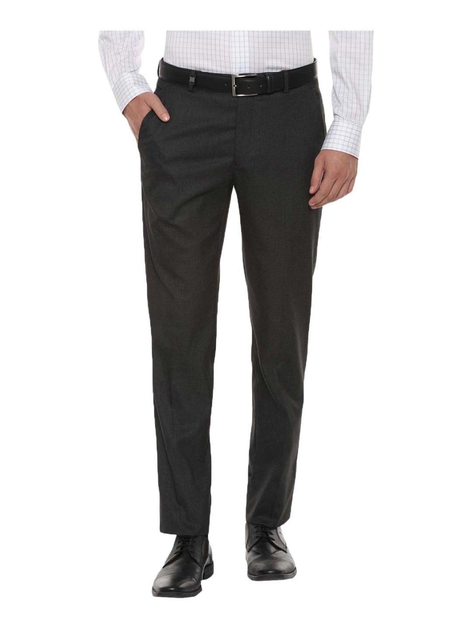 Louis Philippe Grey Slim Fit Self Pattern Formal Flat Front Trousers