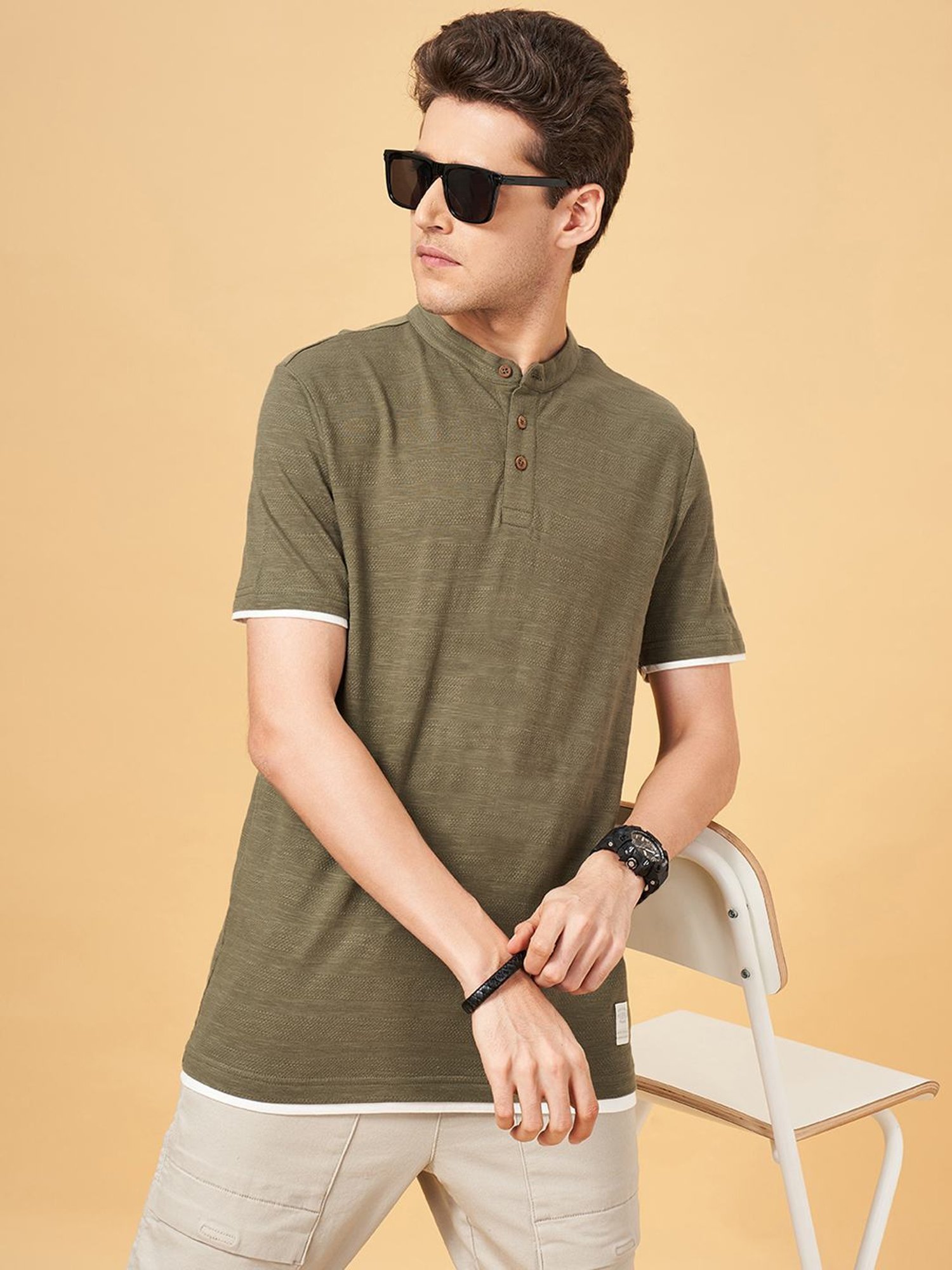 People By Pantaloons Coffee Cotton Slim Fit Henley T-Shirt