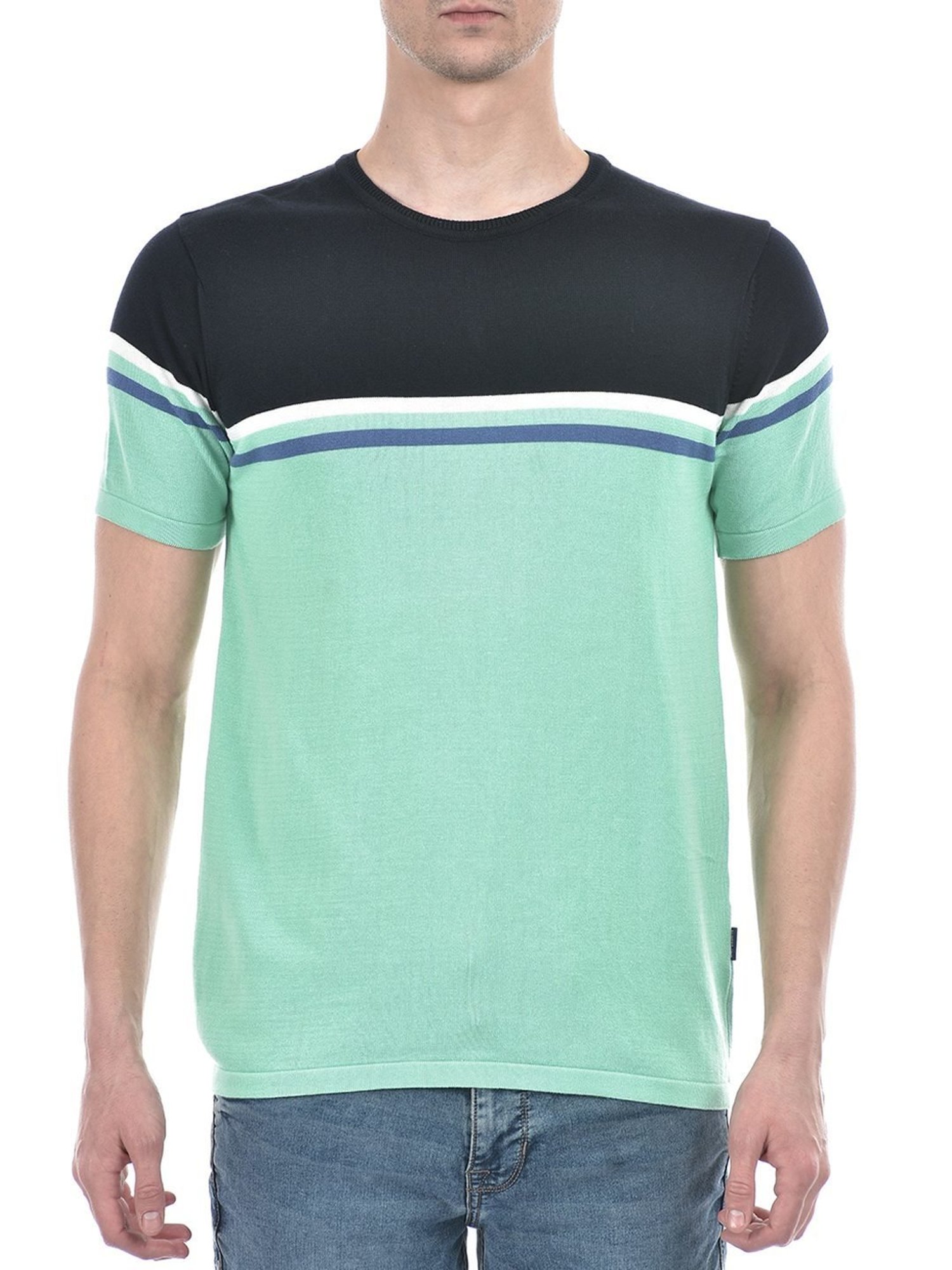 Numero Uno Navy Cotton Slim Fit Colour Block T-Shirt