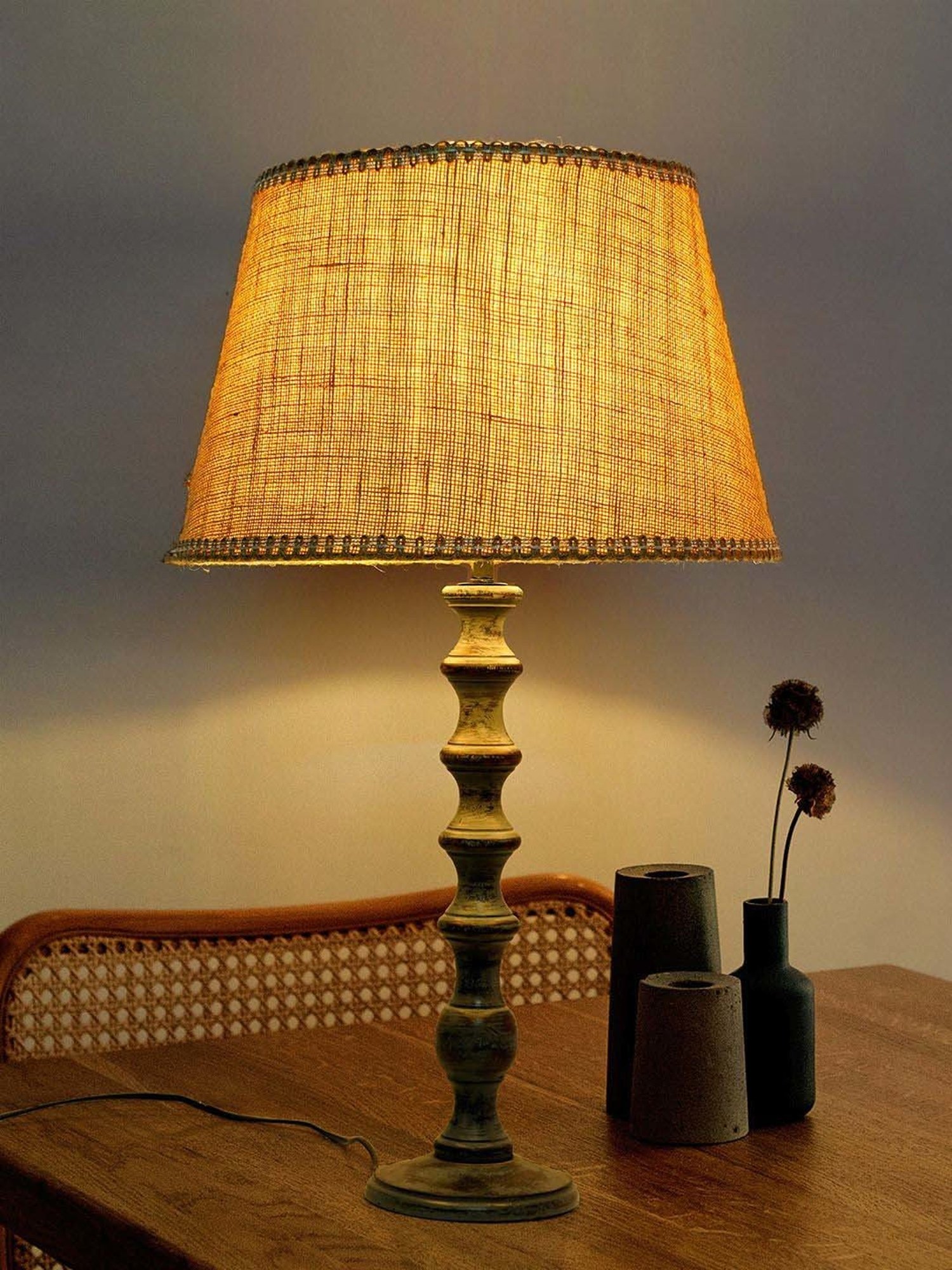 FOS LIGHTING Yellow & Grey Wood Table Lamp With Jute Shade