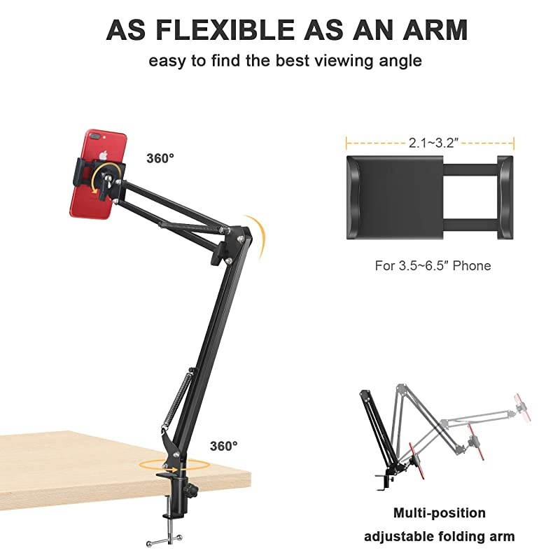 Cell Phone Holder, Universal Phone Stand Clip Lazy Bracket Flexible Articulating Arm Phone Mount Compatible with iPhone 12 11 Pro Xs Max XR X 8 7 6 6s Plus, Samsung S10 S9 S8 S7 S6