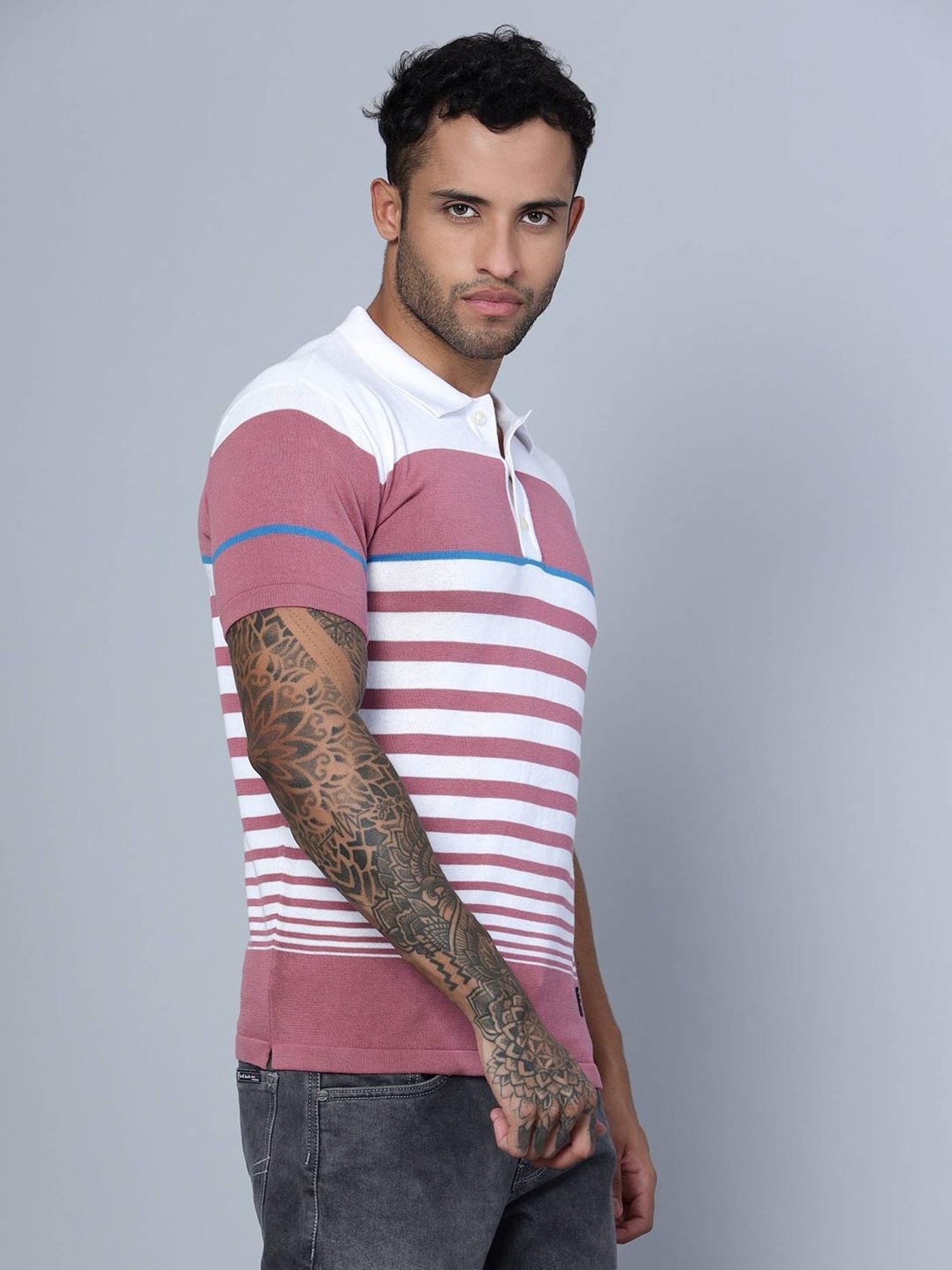 Cantabil White Cotton Regular Fit Striped Polo T-Shirt