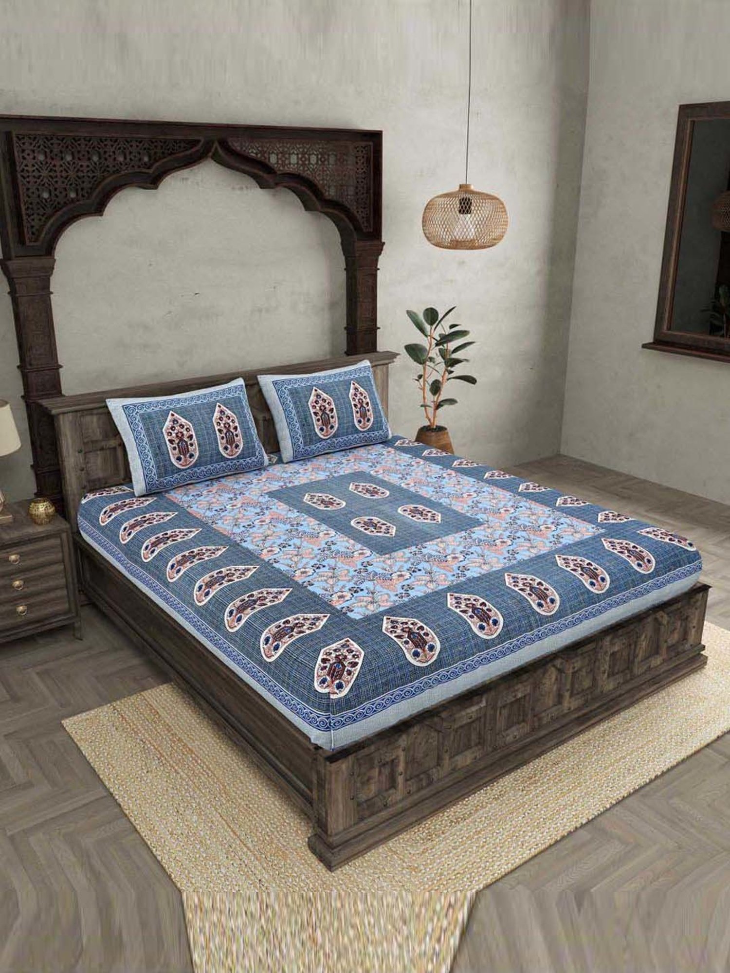 JaipurFabric Vivid Blue Cotton 180 TC Double Bedsheet with 2 Pillow Covers
