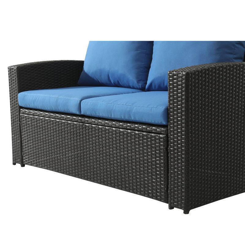 3pc Wicker Rattan Sofa Set with Blue Cushions - Accent Furniture
