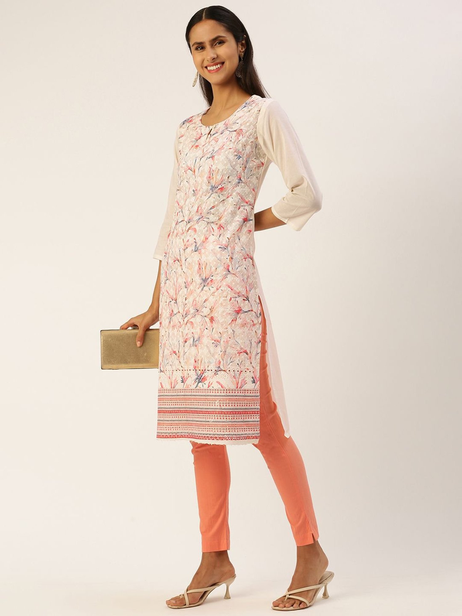 SHANVIKA Cream Embroidered Cotton Straight Kurta