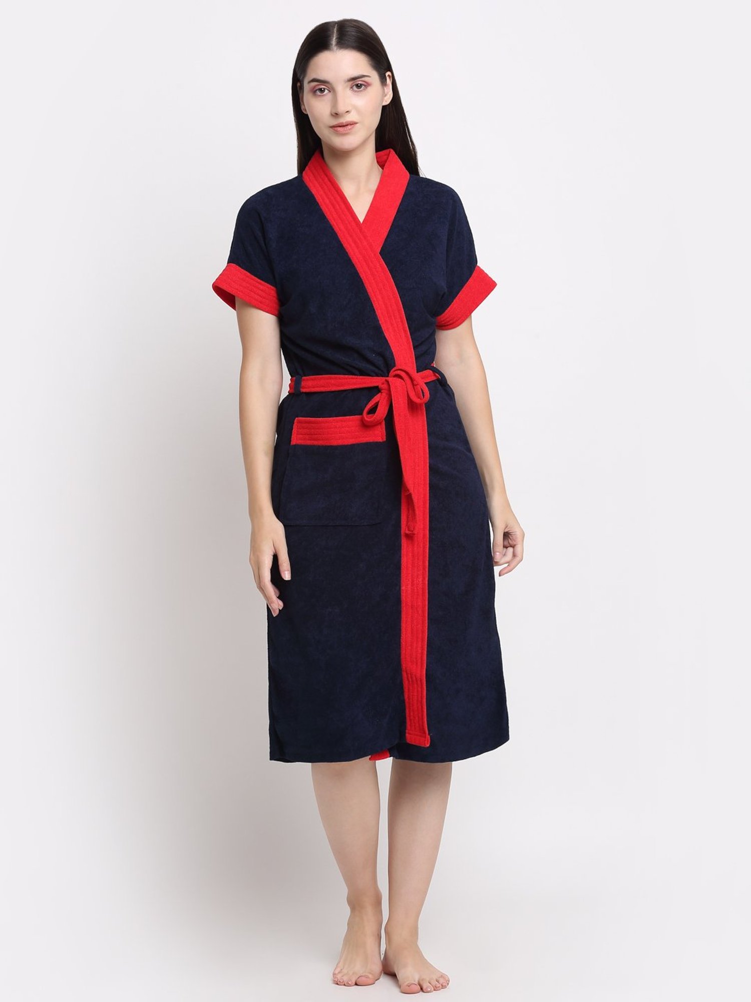 Creeva Everyday Navy & Red 225 GSM Micro Terry Bathrobe with Front Pocket & Kimono Collar