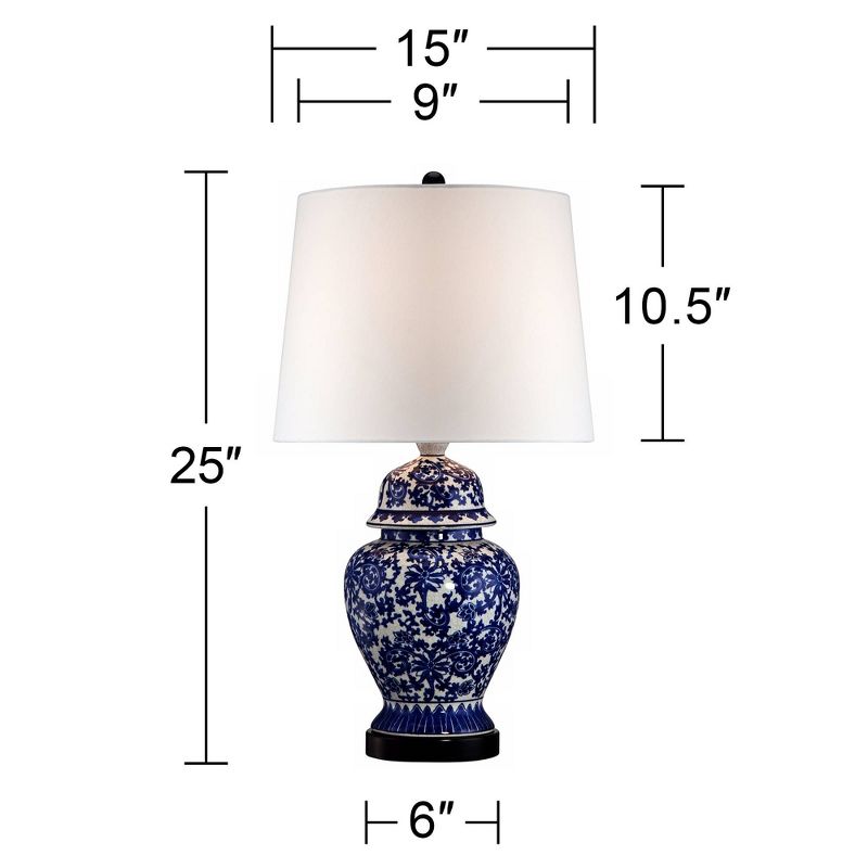 Regency Hill Asian Table Lamp Temple Porcelain Jar Blue Floral White Drum Shade for Living Room Family Bedroom Bedside Nightstand
