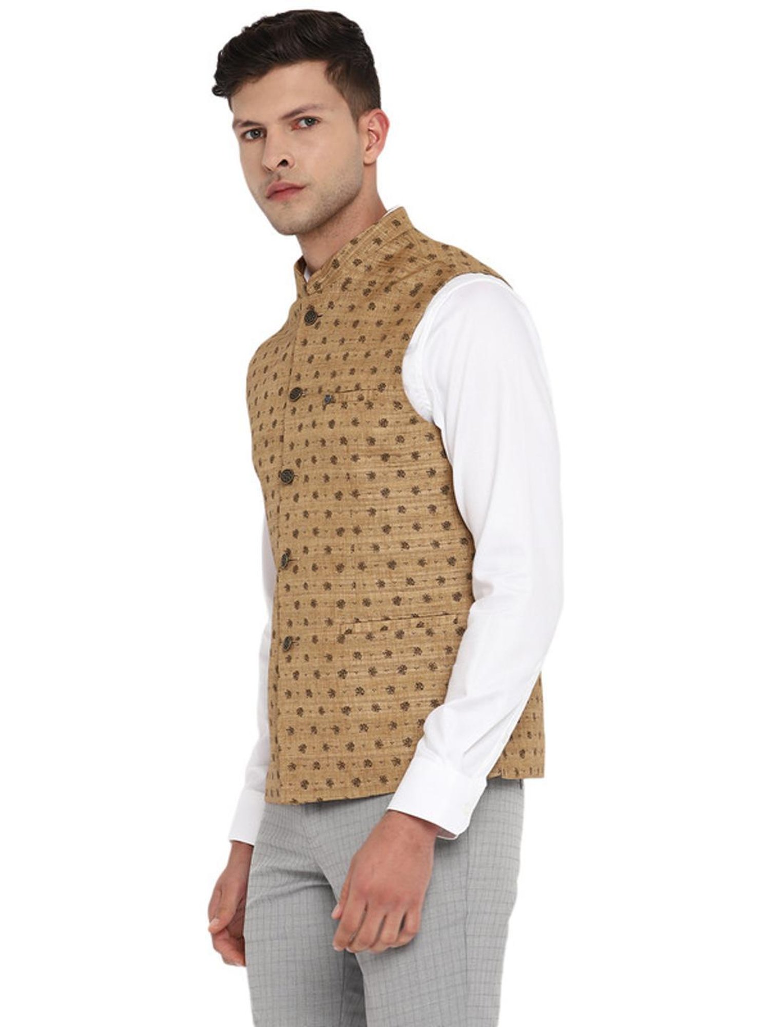 Turtle Beige Cotton Slim Fit Printed Nehru Jacket