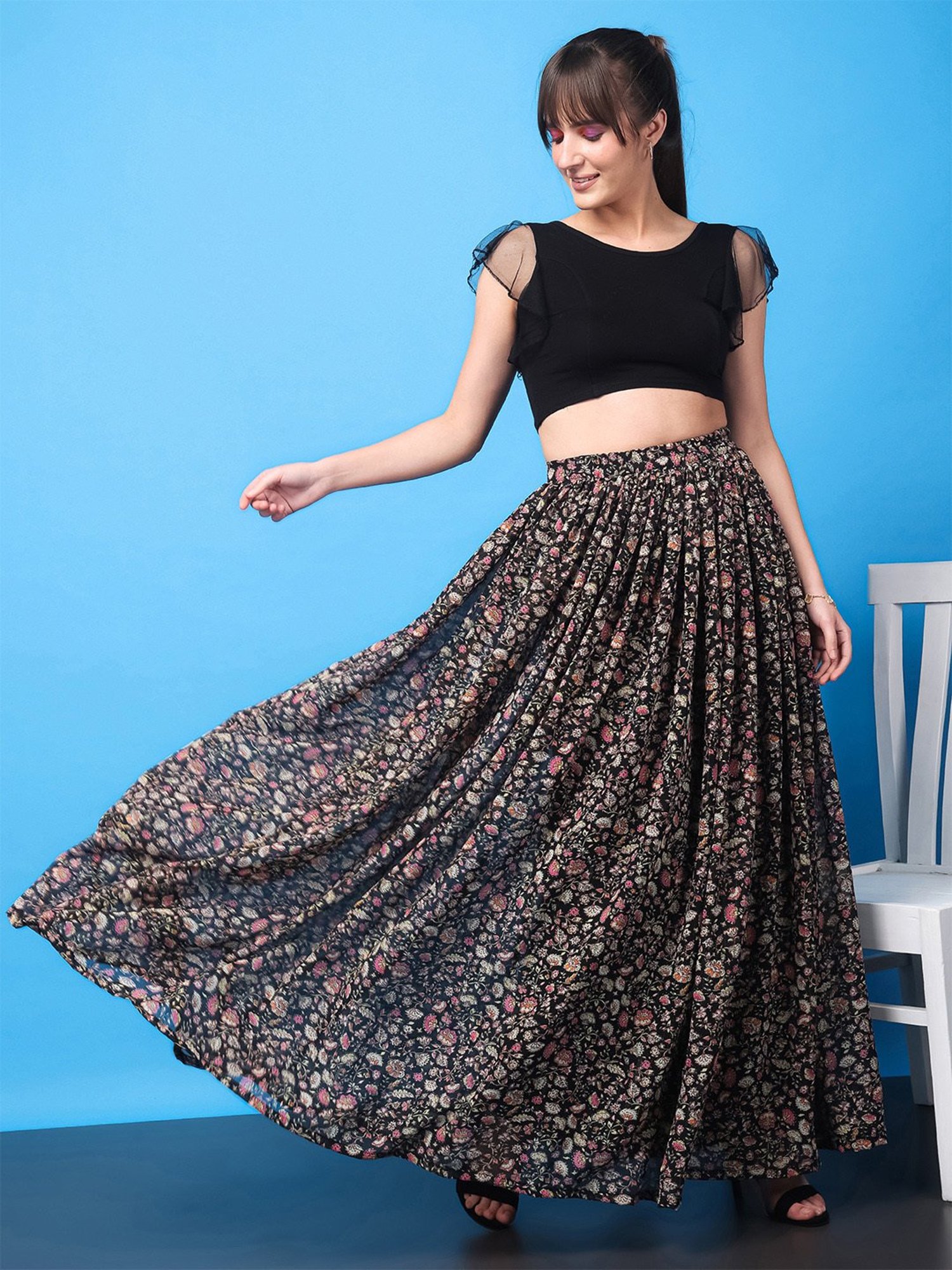 Belle Fille Sky Blue & Beige Printed Skirt