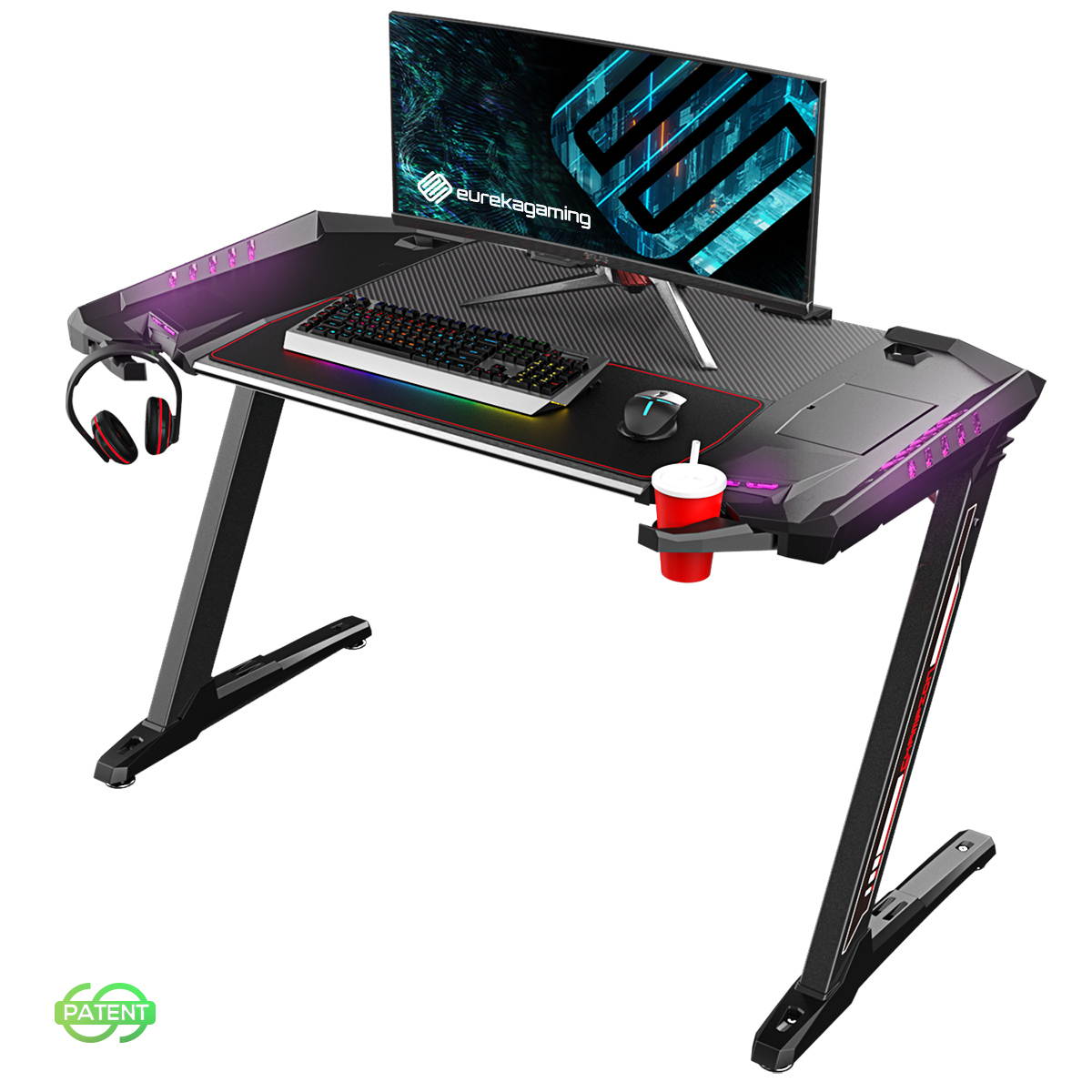 Eureka Z2 Gaming Desk - Gaming Desk for Console & PC Gamers. RGB Lighting, Headphone Hook, and Cup Holder