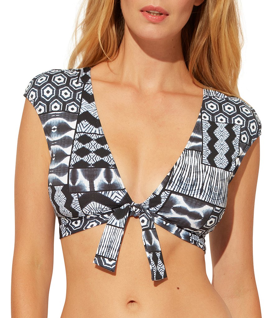 Bleu Rod Beattie Island Time Tie Front Cap Sleeve Crop Swim Top