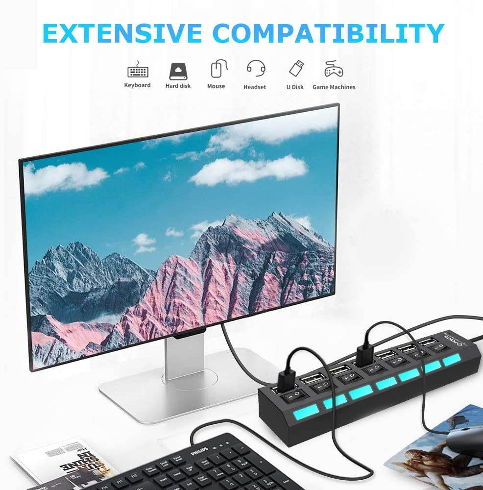 Multi Port USB Splitter, 7-Ports USB 2.0 Hub High Speed ON/Off Individual Switch with LEDs Compatible for All USB Device (7-Ports)