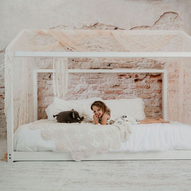 Mindful Living Durable Beautiful High Quality Wooden Twin Sized House Bed Frame and Easy to Assemble Canopy for Children and Teens, White